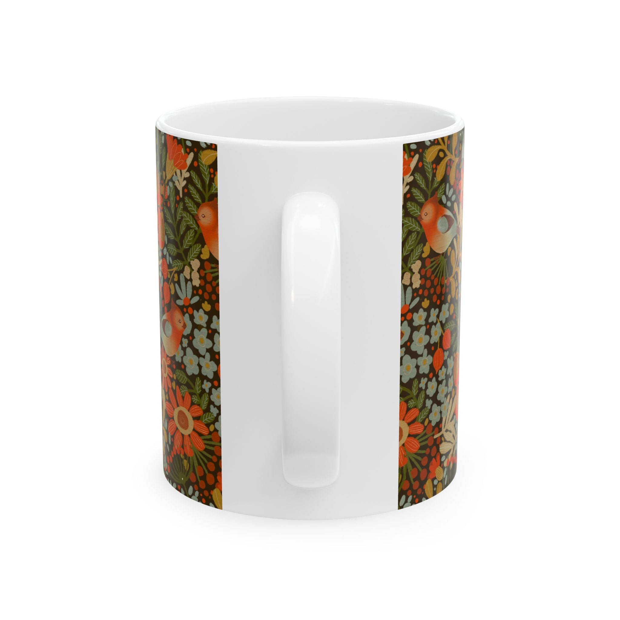 Vintage Floral Bird Pattern Mug | Retro Orange Green Botanical Ceramic