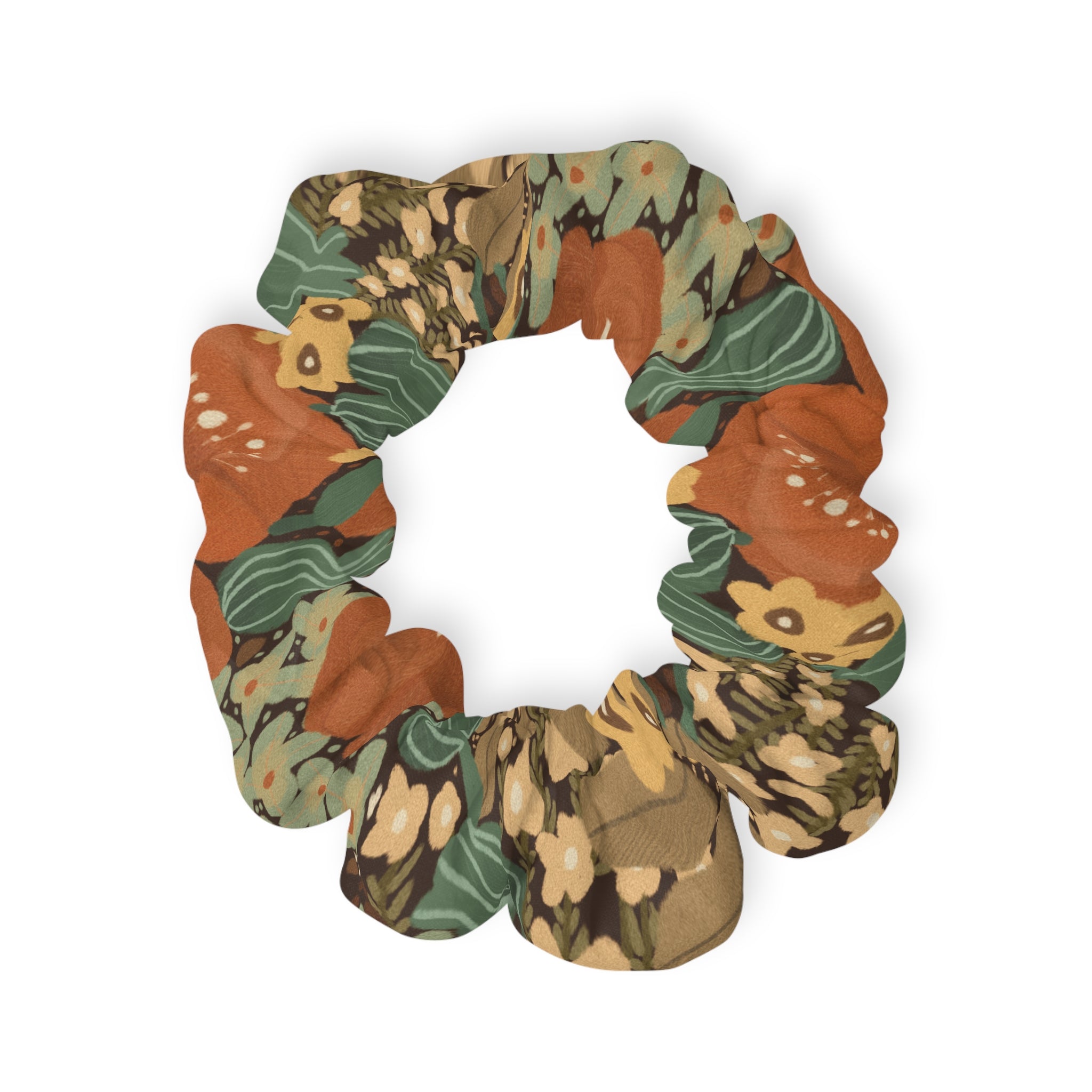 Autumn Floral Scrunchie — Earthy Green & Rust Vintage Flower Hair Tie