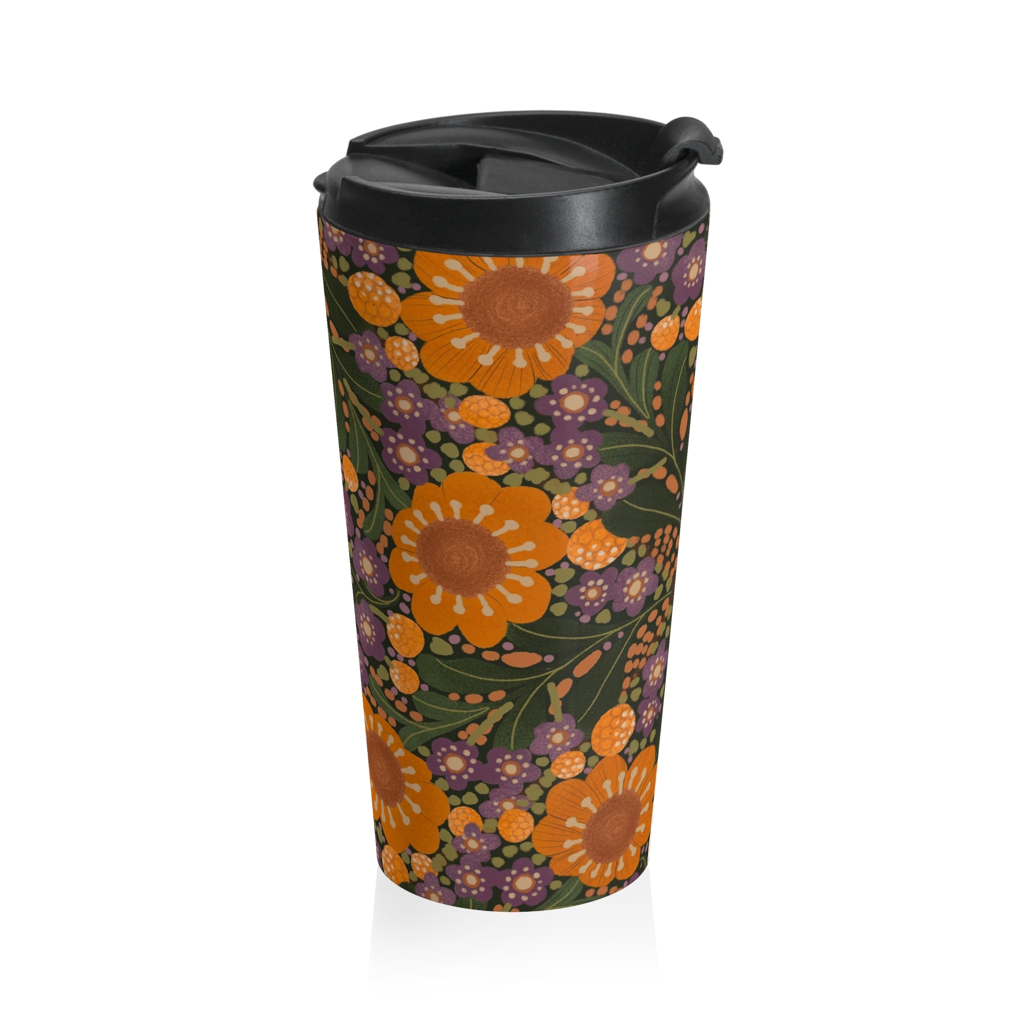 Retro Orange Floral Stainless Steel Travel Mug | Vintage Flower Pattern