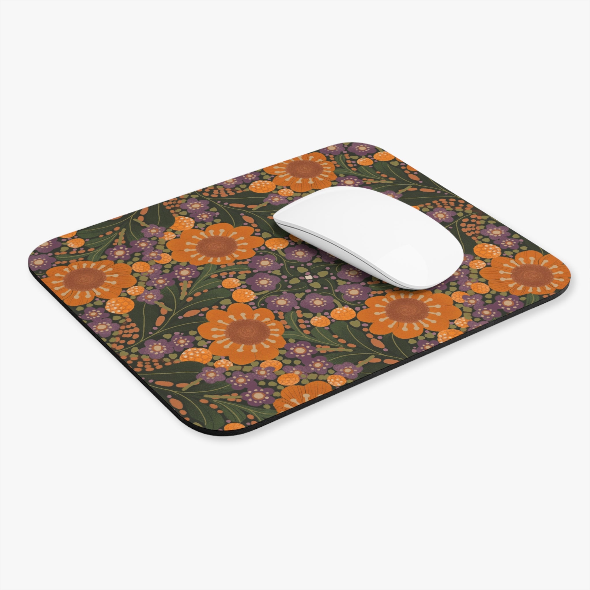 Orange Floral Pattern Mouse Pad | Retro Sunflower Desk Accessory