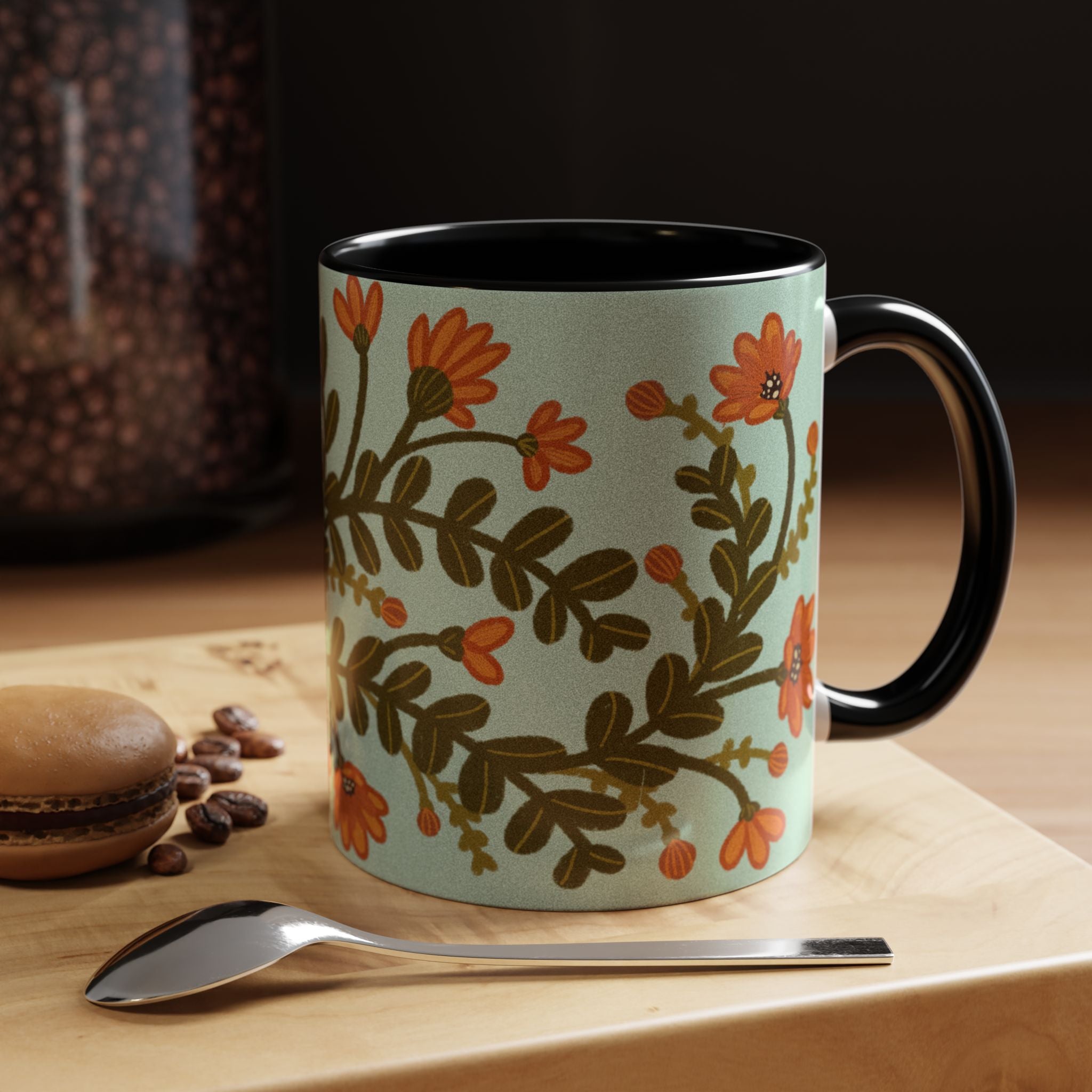 Floral Vine Accent Coffee Mug – Orange Wildflowers on Mint (11/15oz)
