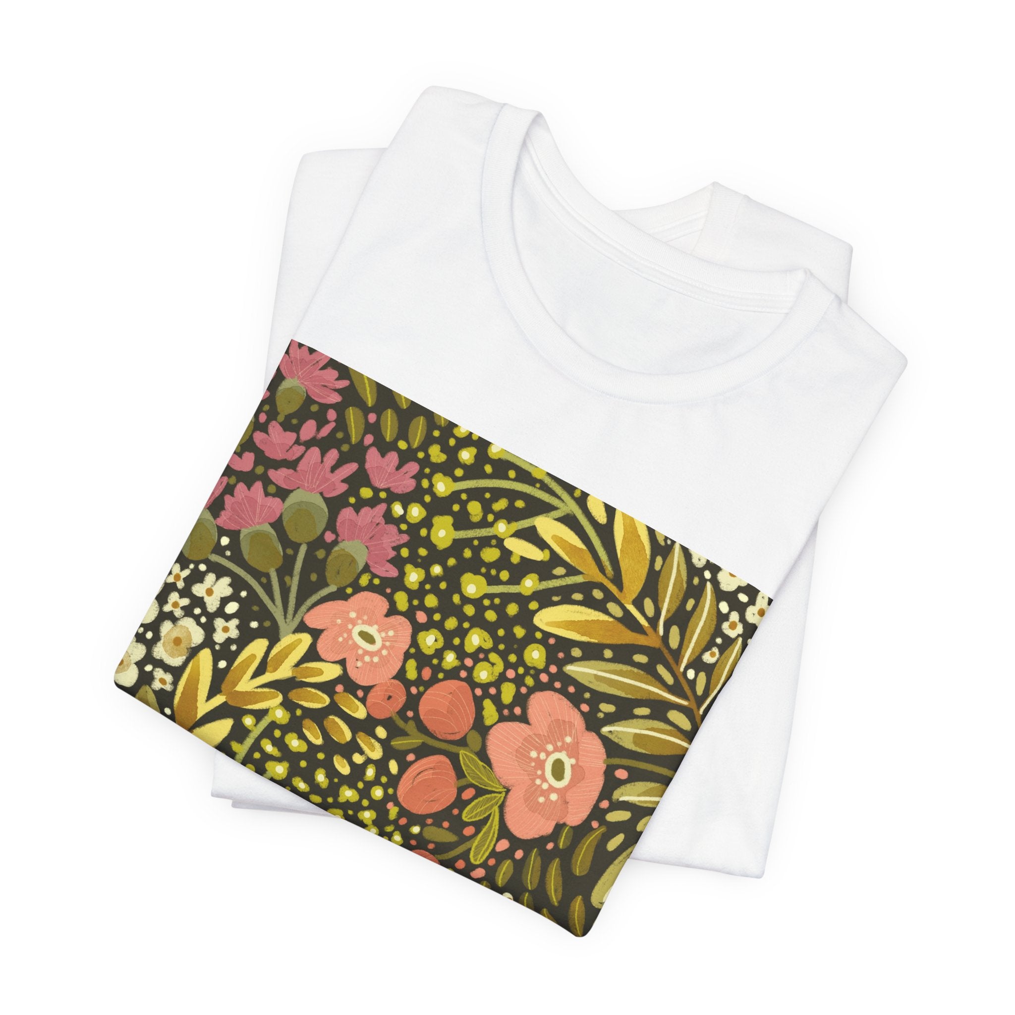 Floral Meadow Tee — Retro Pink & Olive Botanical Graphic T-Shirt