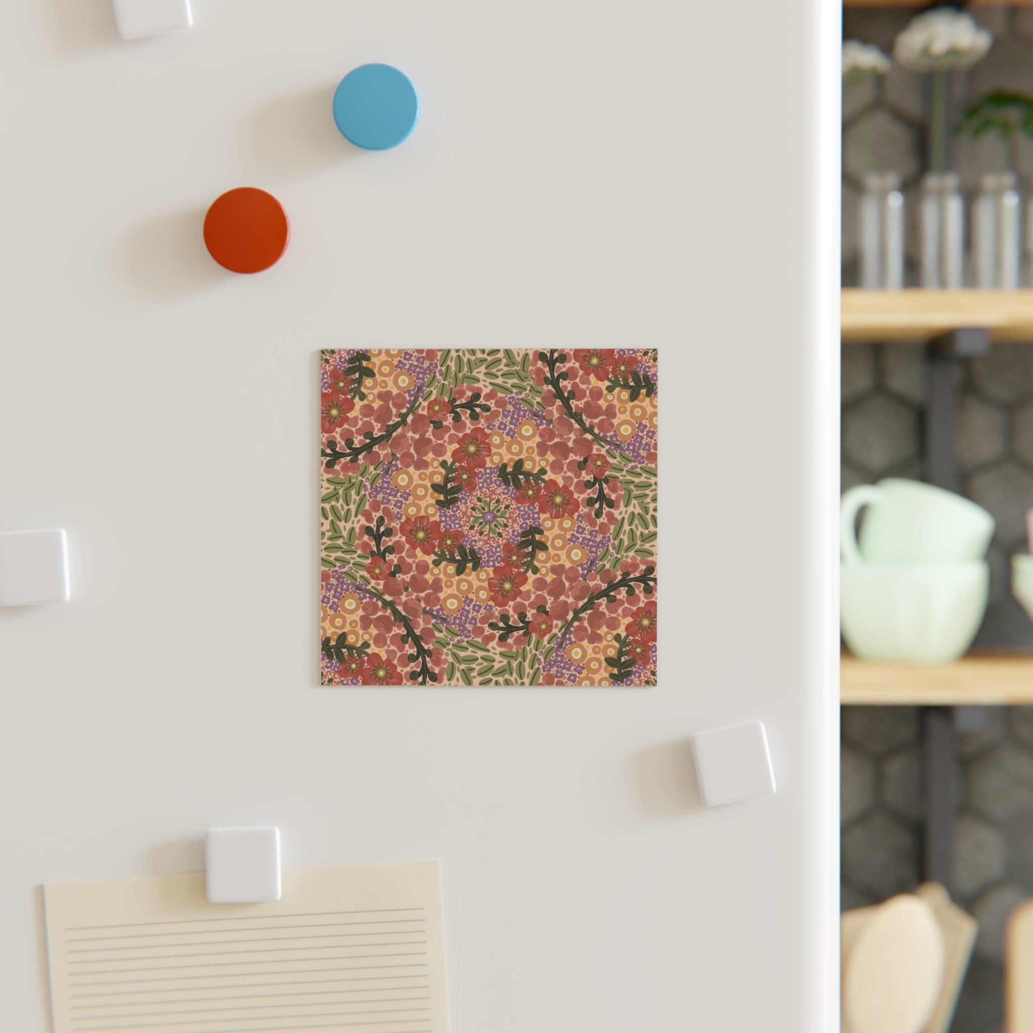 Floral Kaleidoscope Square Magnet — Vintage Boho Flower Pattern