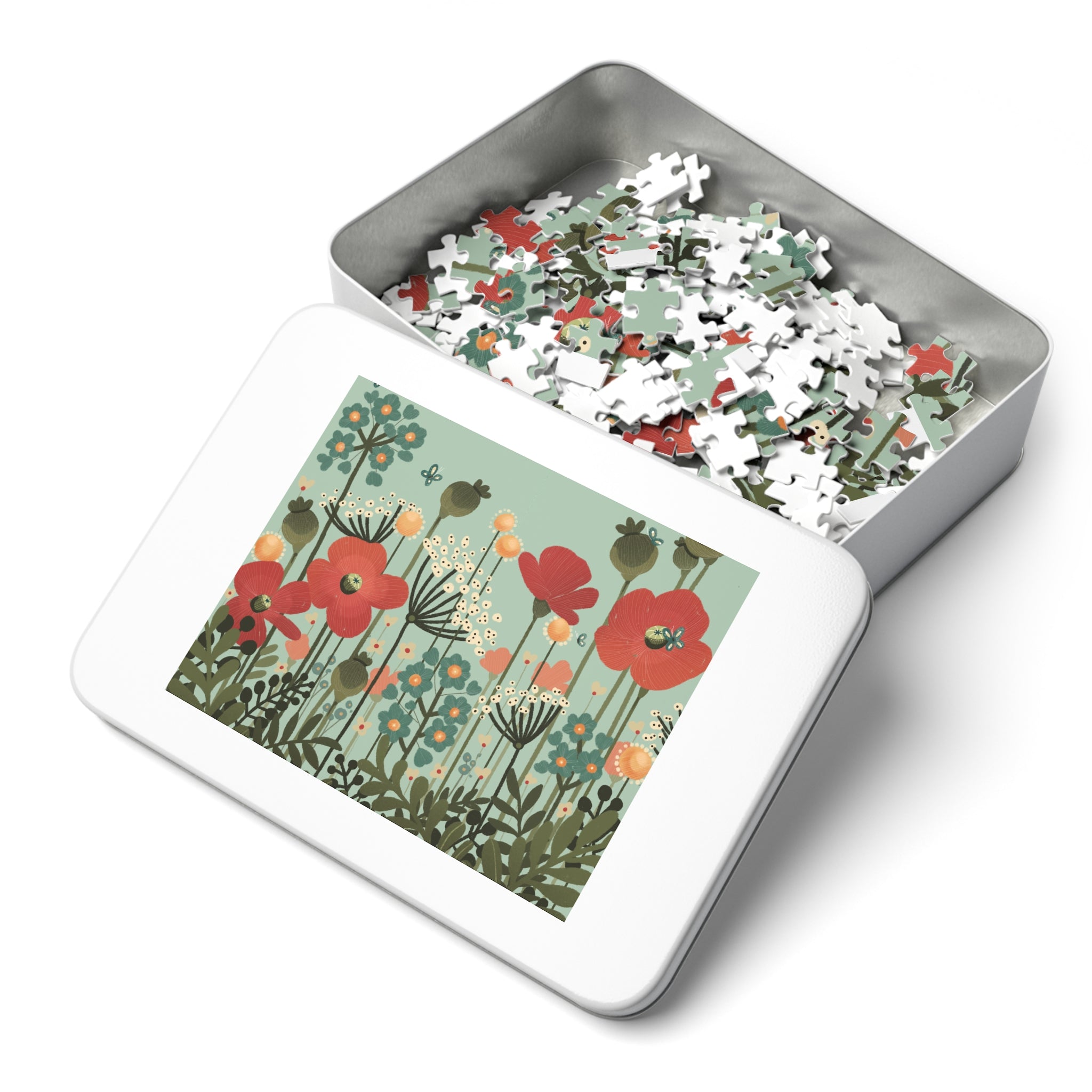 Floral Meadow Jigsaw Puzzle with Tin – Vintage Poppy & Wildflower Art