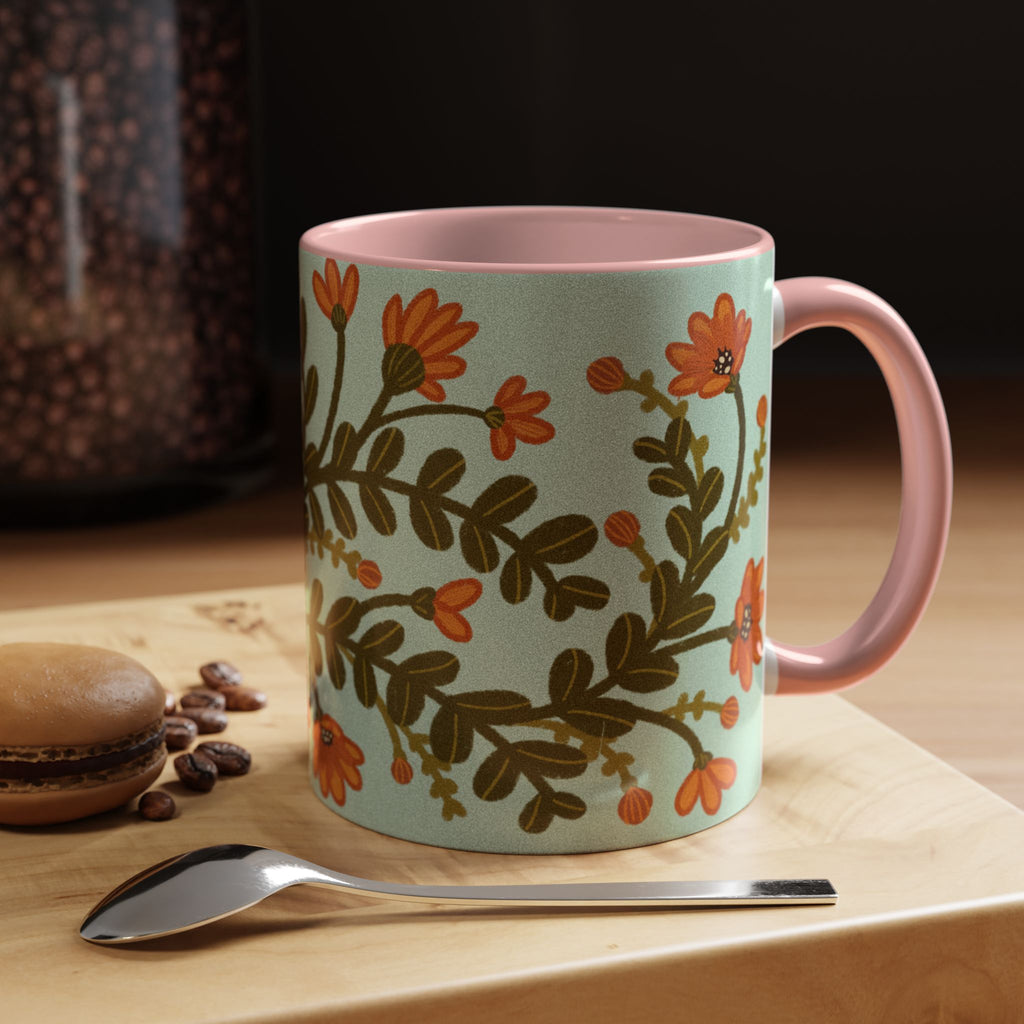 Floral Vine Accent Coffee Mug – Orange Wildflowers on Mint (11/15oz)