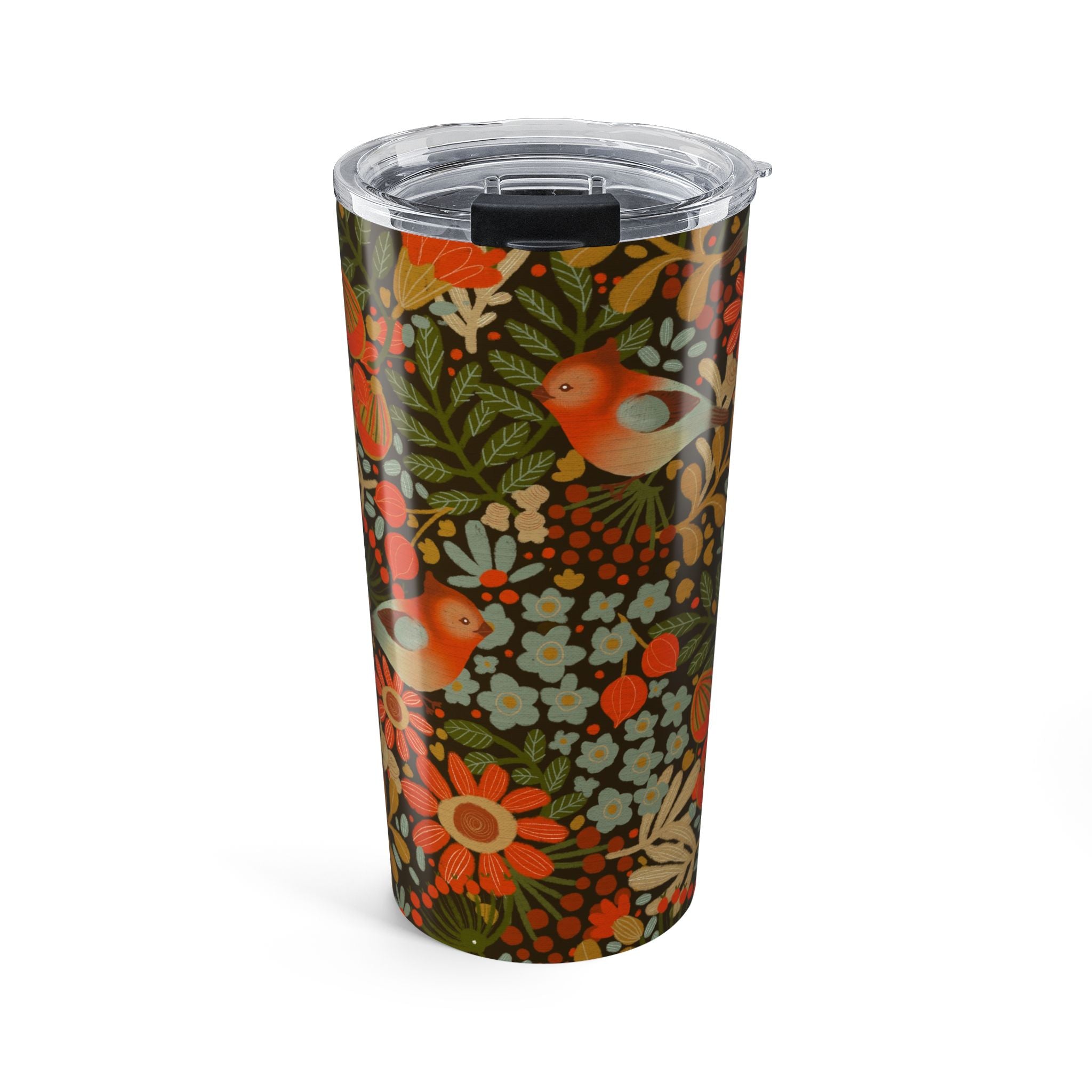 Retro Floral Bird Tumbler 20oz | Orange Green Cottagecore Travel Cup