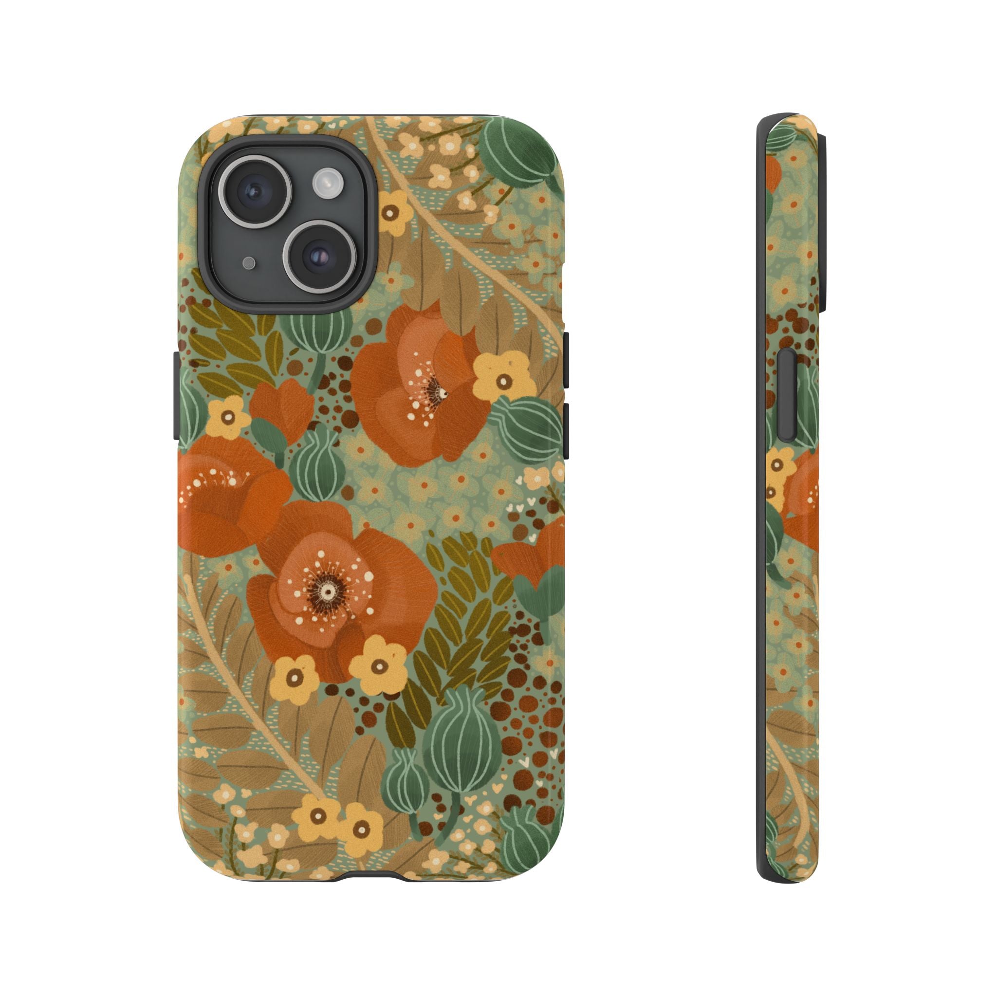 Floral Retro Tough Phone Case — Vintage Orange & Green Bloom Design