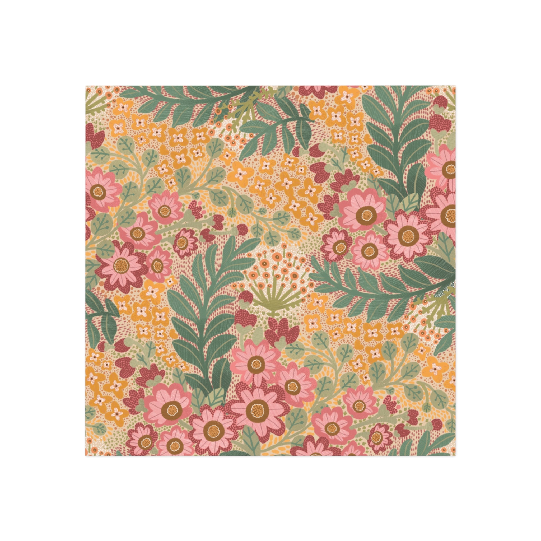 Vintage Floral Square Magnet — Retro Pink & Mustard Botanical Refrigerator Magnet