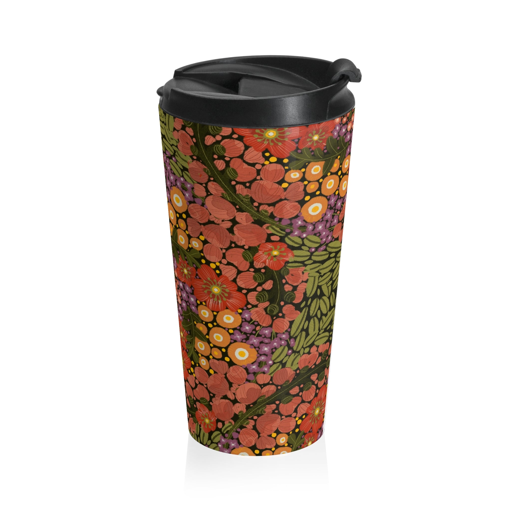 Vintage Floral Pattern Travel Mug | Retro Orange Red Flowers