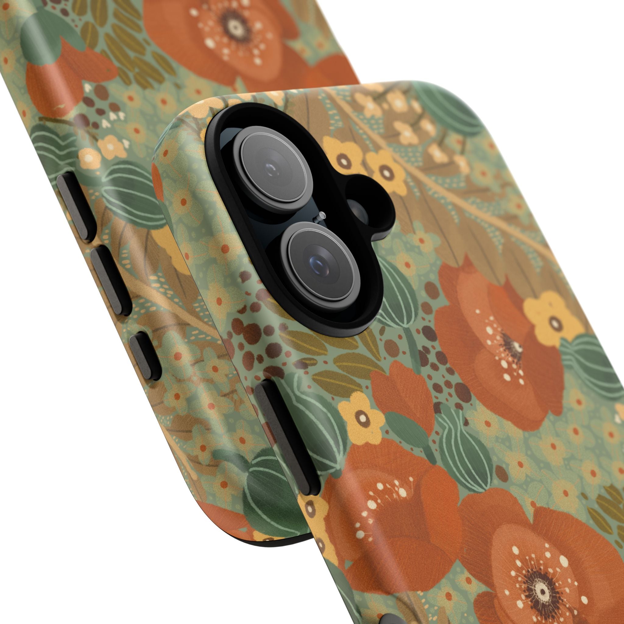 Floral Retro Tough Phone Case — Vintage Orange & Green Bloom Design
