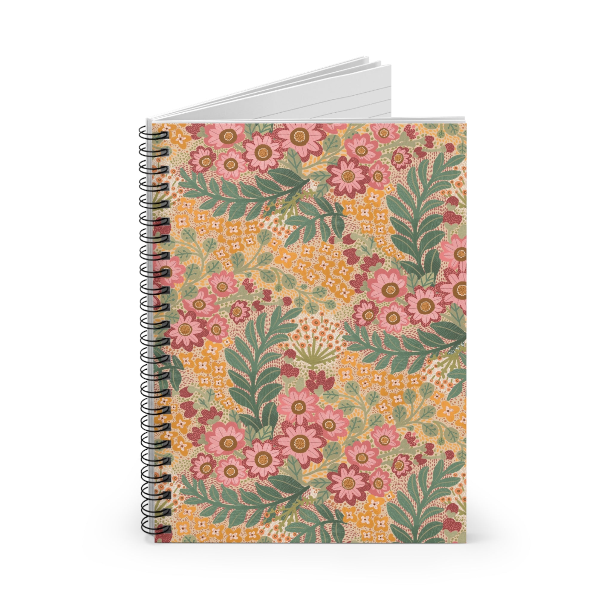 Floral Spiral Notebook — Vintage Pink & Green Patterned Ruled Journal