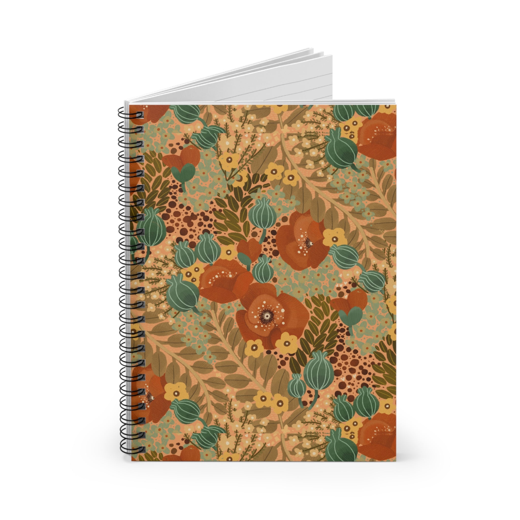 Floral Vintage Spiral Notebook — Warm Autumn Poppy Ruled Journal