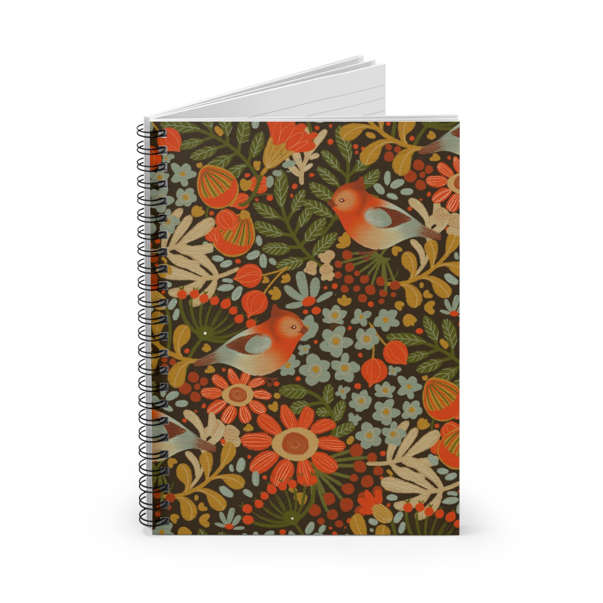 Folk Birds Floral Pattern Spiral Notebook | Ruled Lined Journal