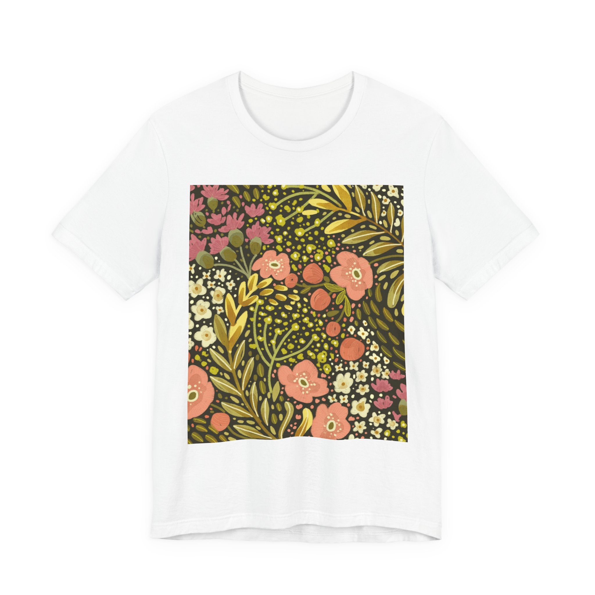 Floral Meadow Tee — Retro Pink & Olive Botanical Graphic T-Shirt