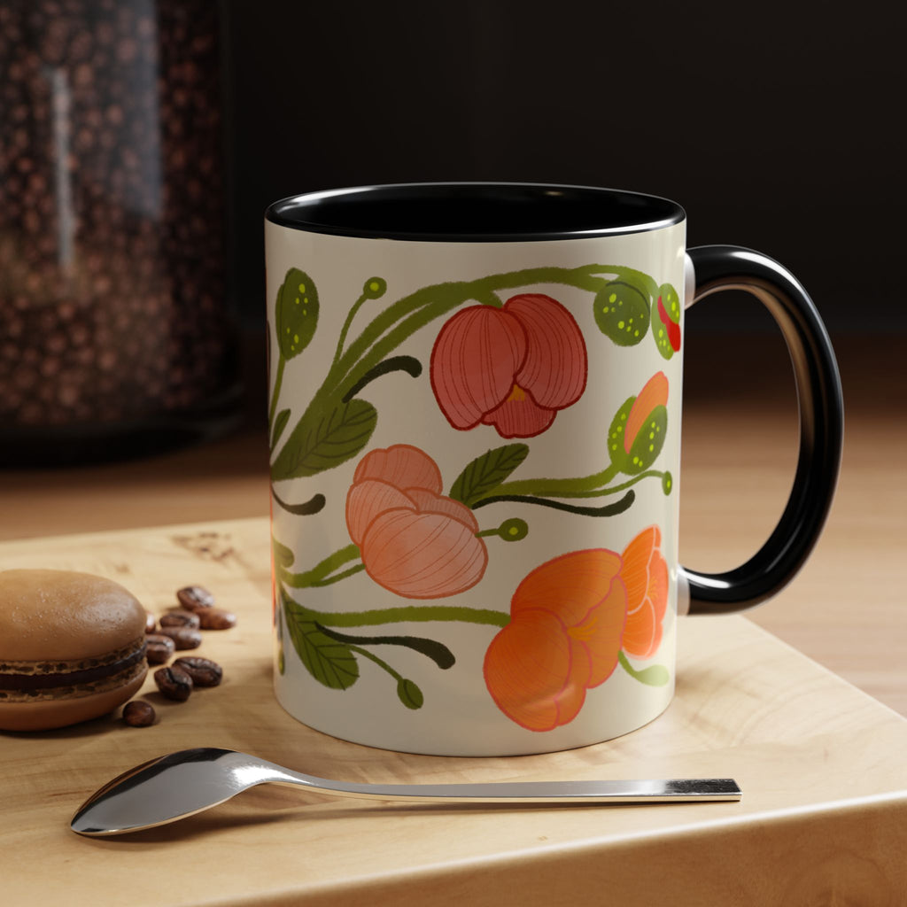 Floral Accent Coffee Mug — Coral Poppy Bouquet Design (11/15 oz)