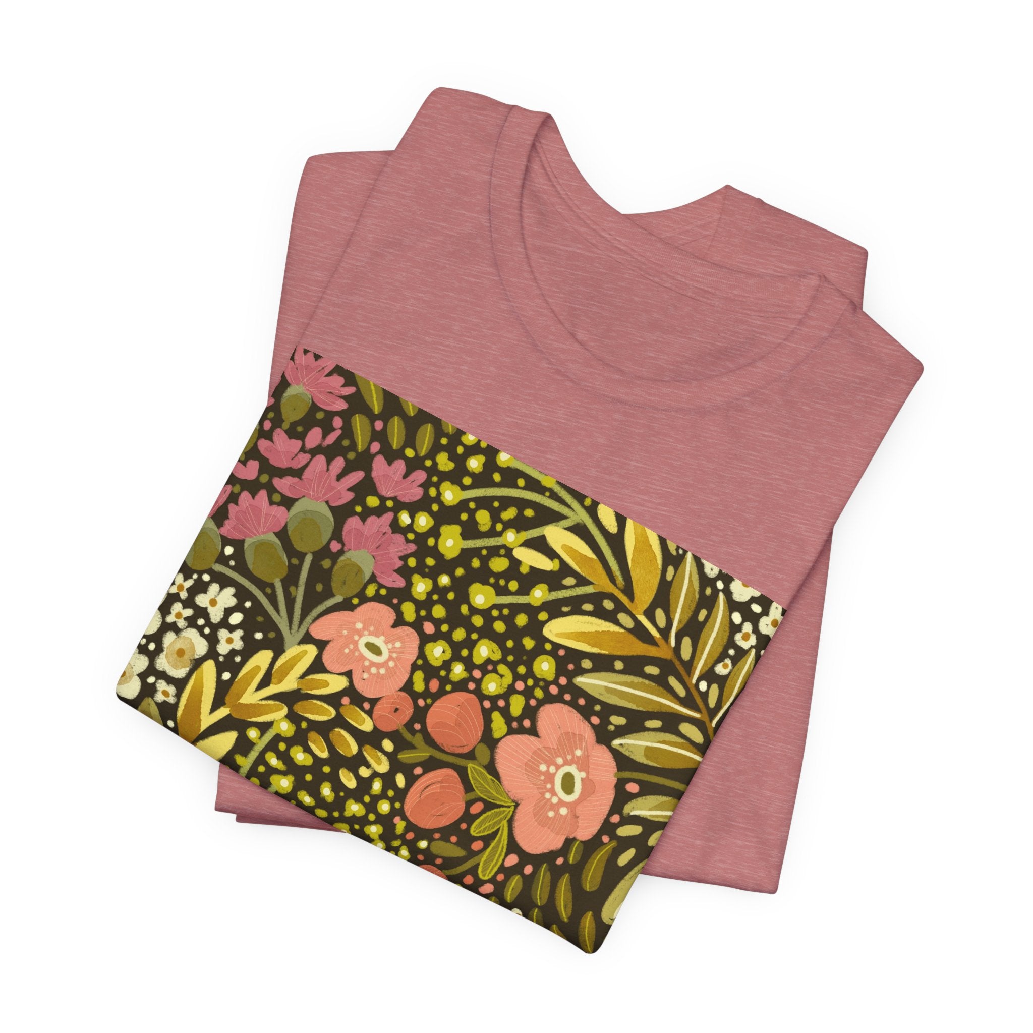 Floral Meadow Tee — Retro Pink & Olive Botanical Graphic T-Shirt