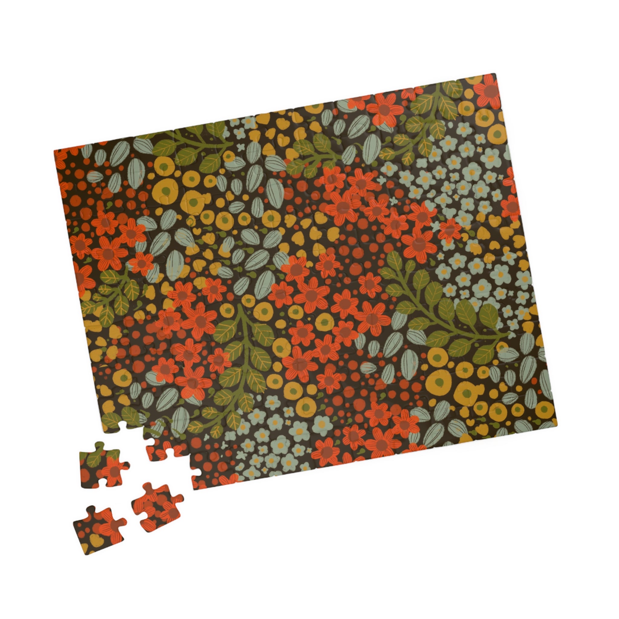 Floral Retro Jigsaw Puzzle — Vintage Orange & Olive Botanical Pattern (110–1014 pcs)
