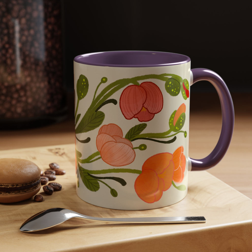 Floral Accent Coffee Mug — Coral Poppy Bouquet Design (11/15 oz)