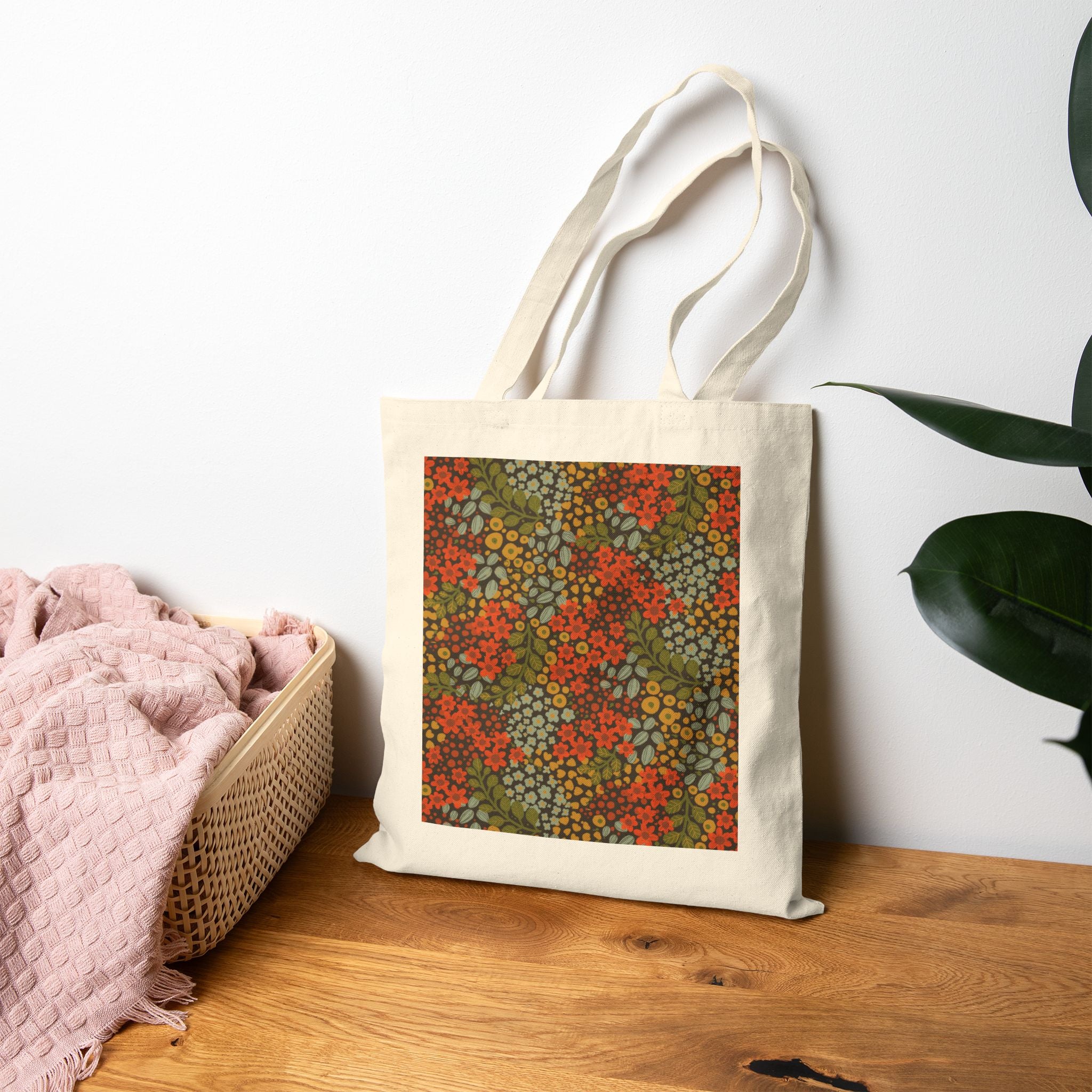 Floral Mosaic Canvas Tote — Vintage Autumn Flower Pattern Cotton Bag