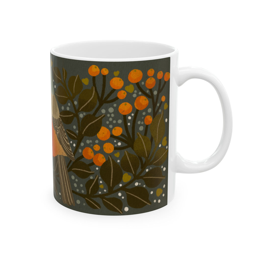 Robin Bird Mug — Floral Orange Songbird Ceramic Coffee Cup (11oz/15oz)