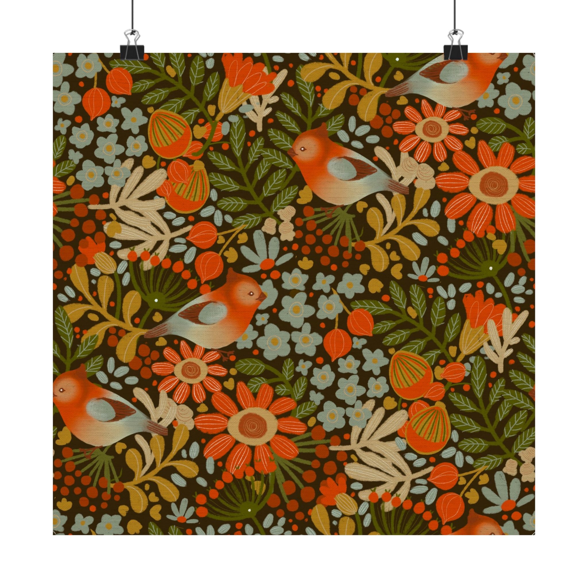 Retro Floral Birds Satin Poster | Vintage Botanical Pattern Wall Art