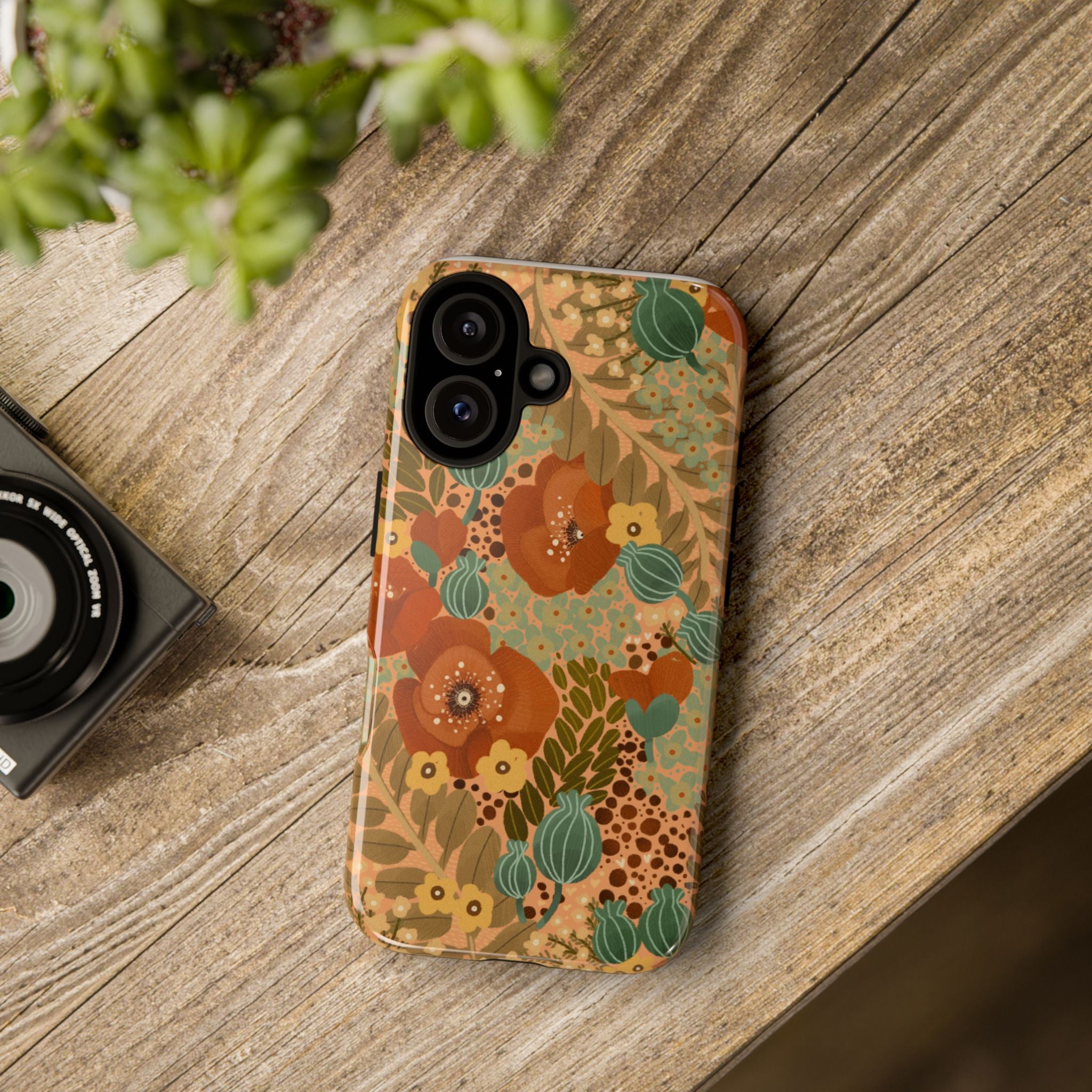 Floral Retro Tough Phone Case — Vintage Orange & Teal Botanical Design