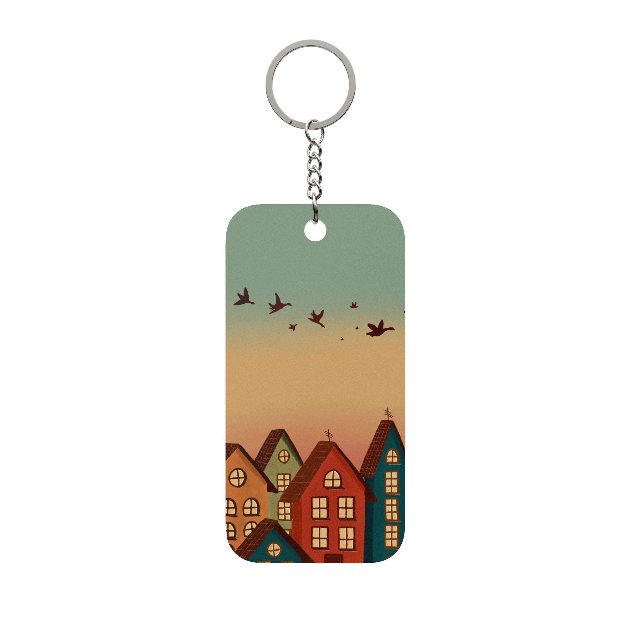 Scenic Village Keychain — Retro Houses & Flying Geese Double‑Sided Charm