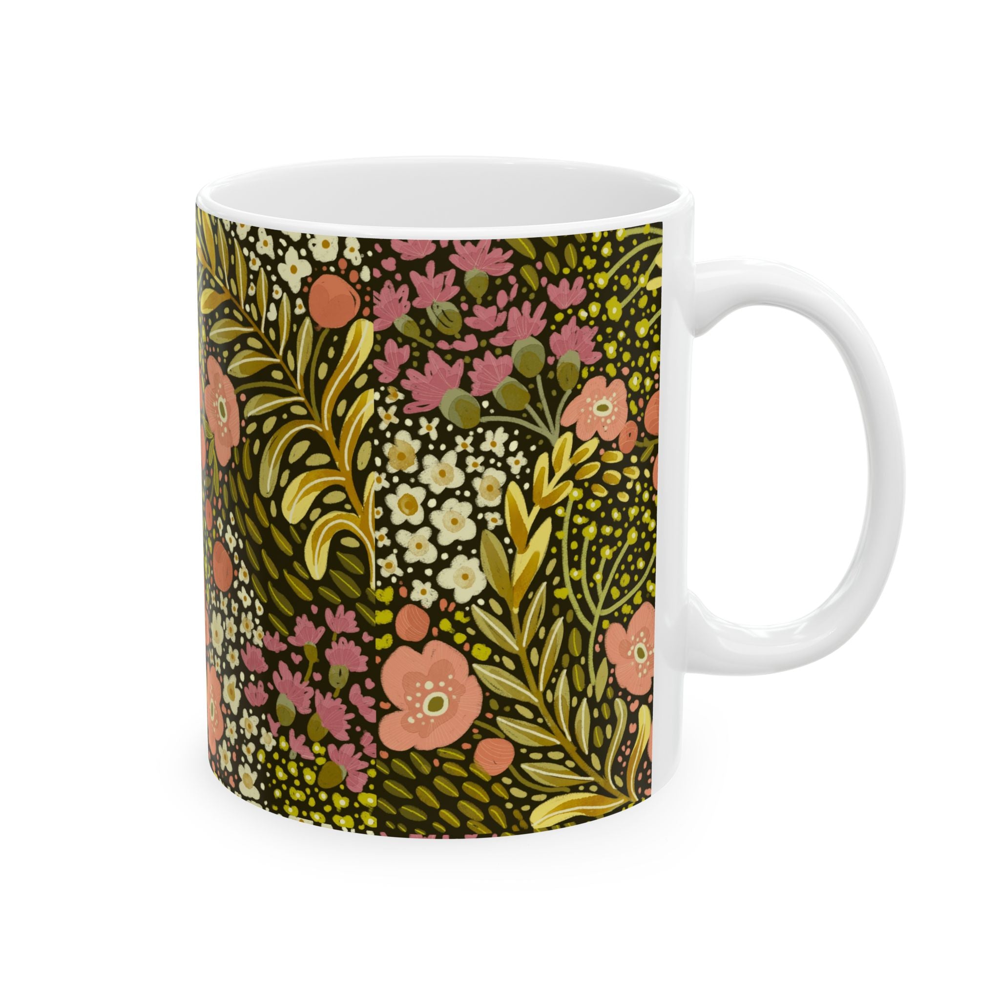 Vintage Floral Pattern Mug | Pink and Olive Botanical Ceramic