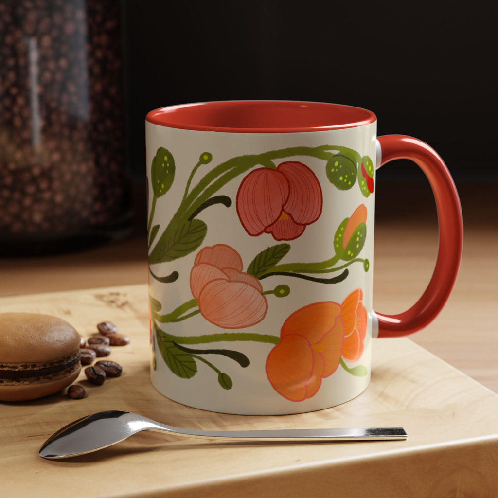 Floral Accent Coffee Mug — Coral Poppy Bouquet Design (11/15 oz)