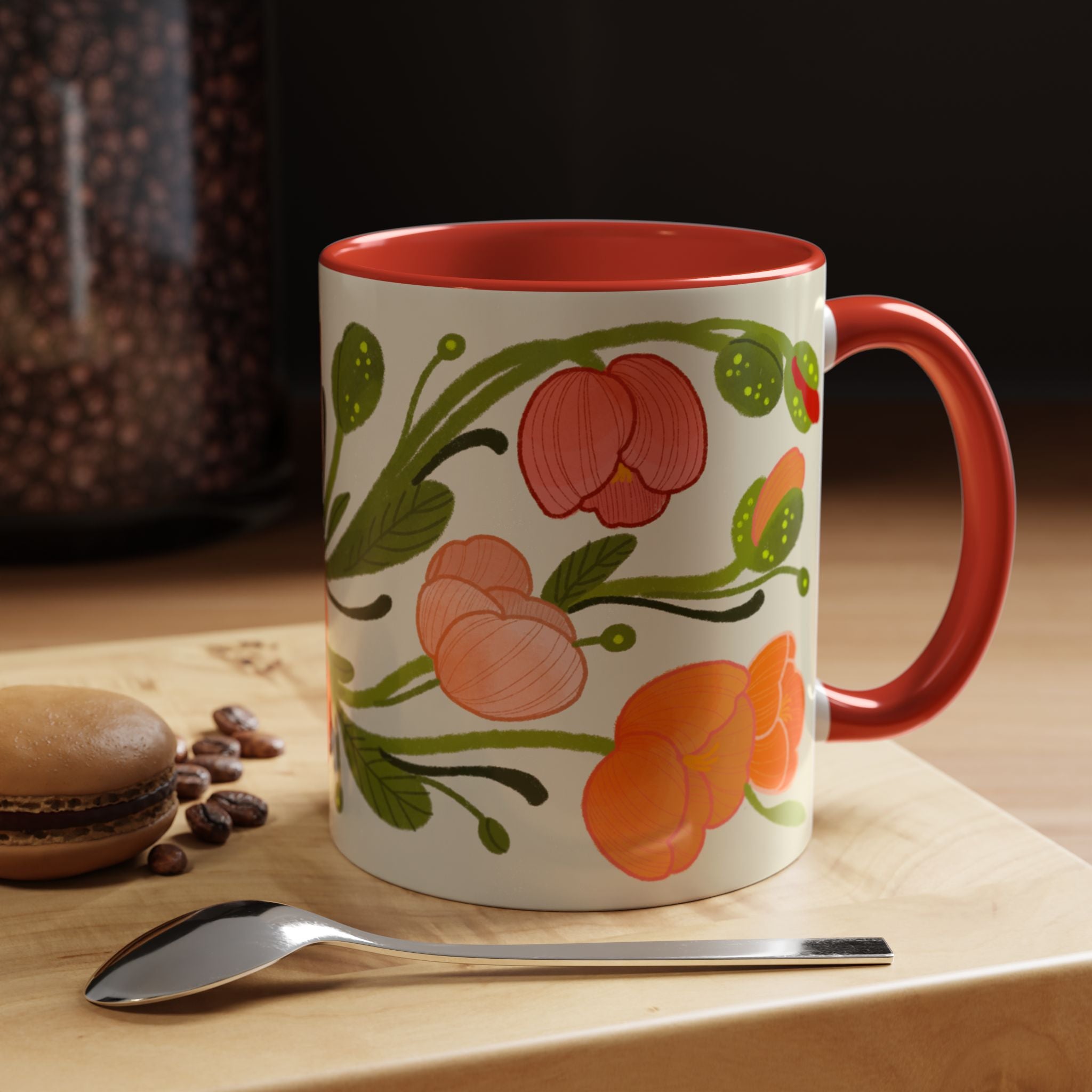 Floral Accent Coffee Mug — Coral Poppy Bouquet Design (11/15 oz)