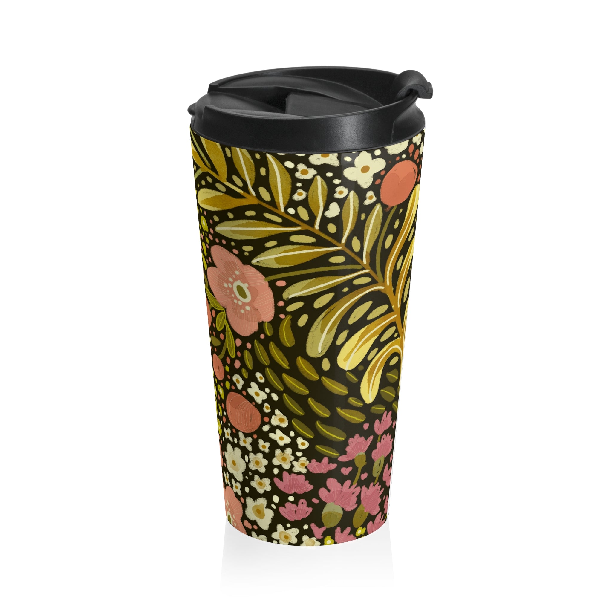 Vintage Floral Pattern Stainless Steel Travel Mug | Pink Olive Blossoms