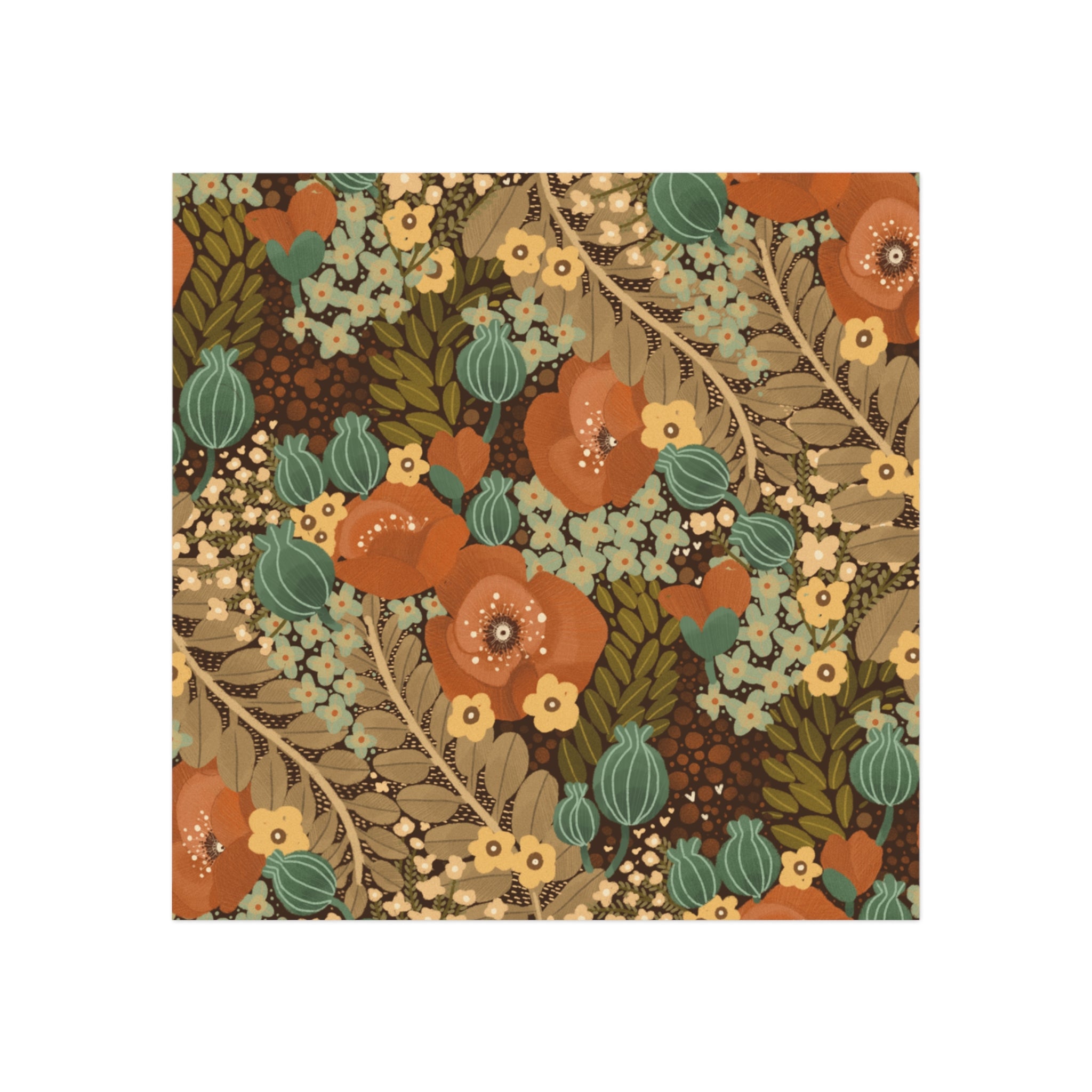 Vintage Floral Square Magnet — Retro Poppy & Foliage Refrigerator Magnet