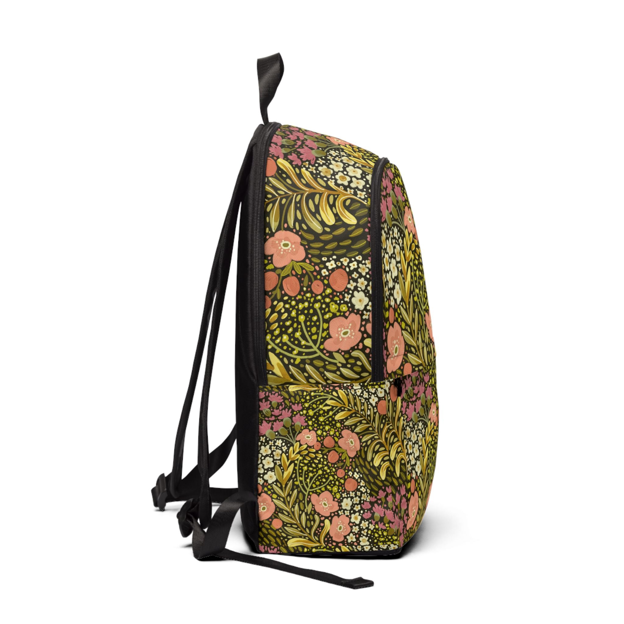 Floral Vintage Meadow Backpack — Olive Green & Coral Patterned Daypack