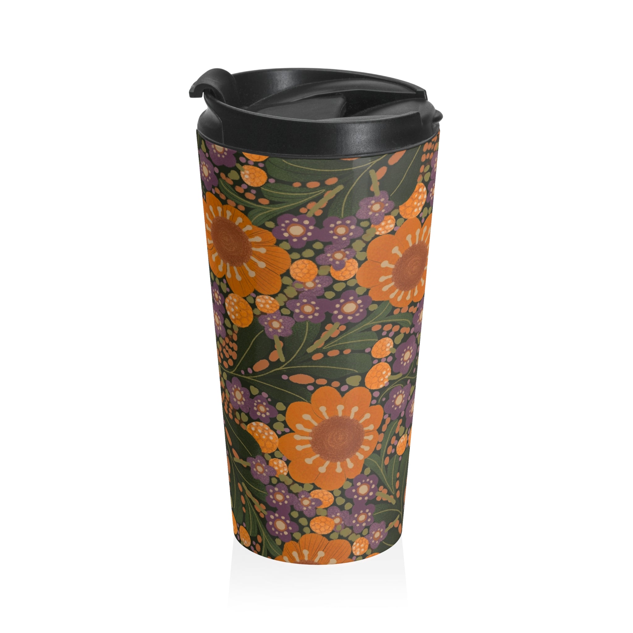 Retro Orange Floral Stainless Steel Travel Mug | Vintage Flower Pattern