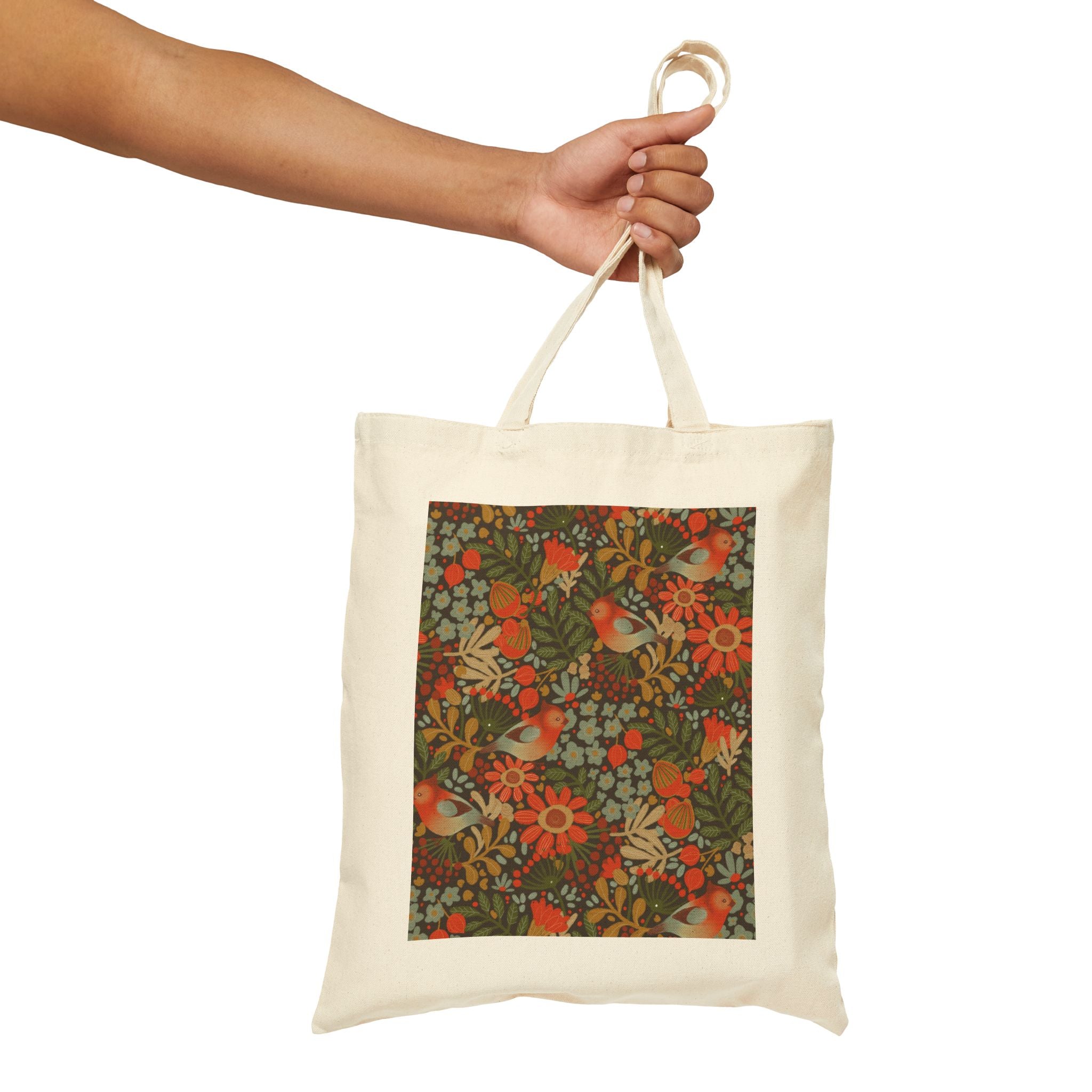 Floral Folk Art Tote — Vintage Orange & Olive Canvas Shopping Bag