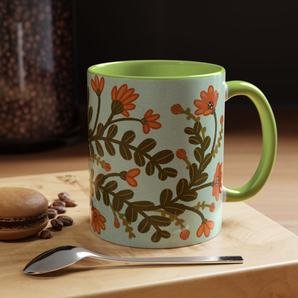 Floral Vine Accent Coffee Mug – Orange Wildflowers on Mint (11/15oz)