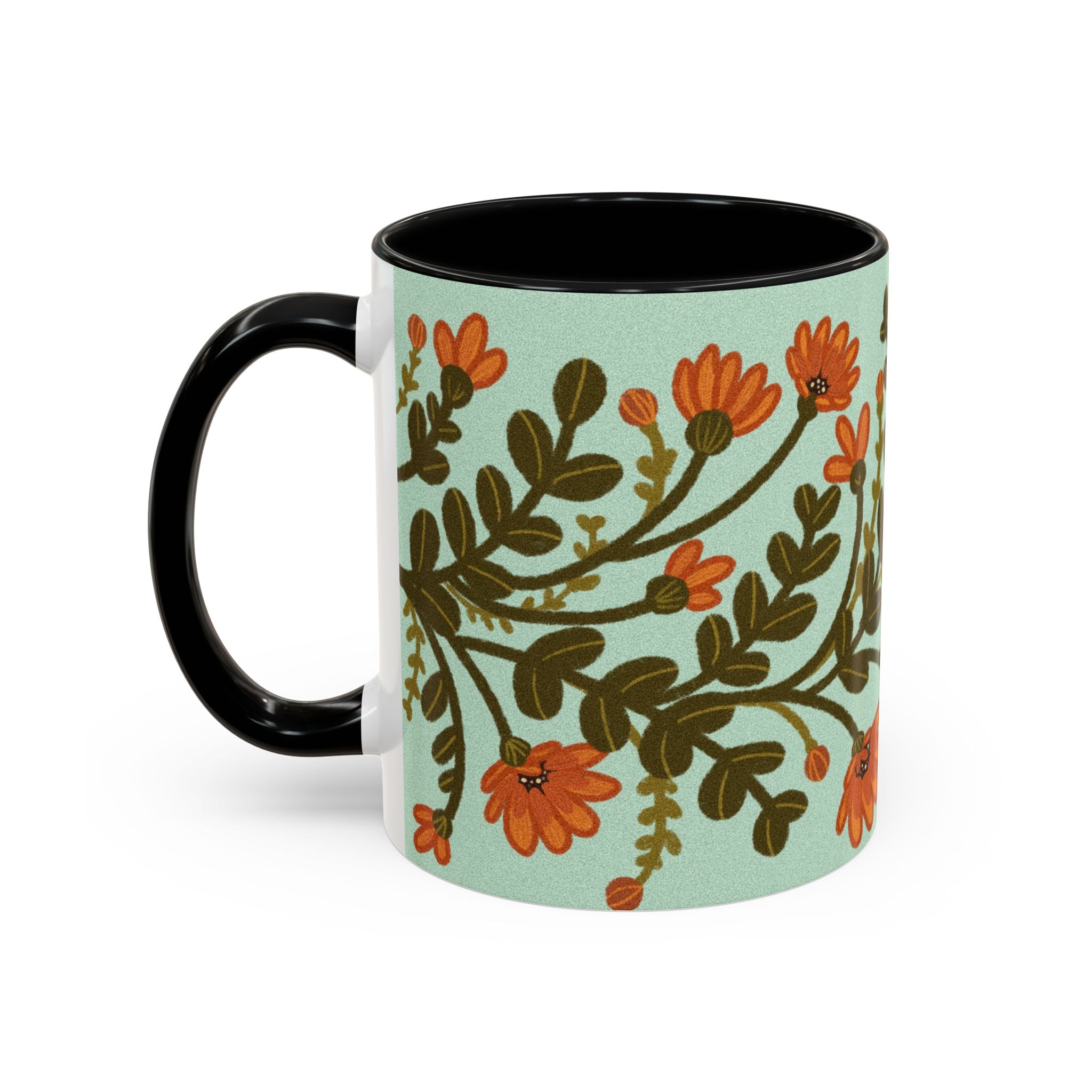 Floral Vine Accent Coffee Mug – Orange Wildflowers on Mint (11/15oz)