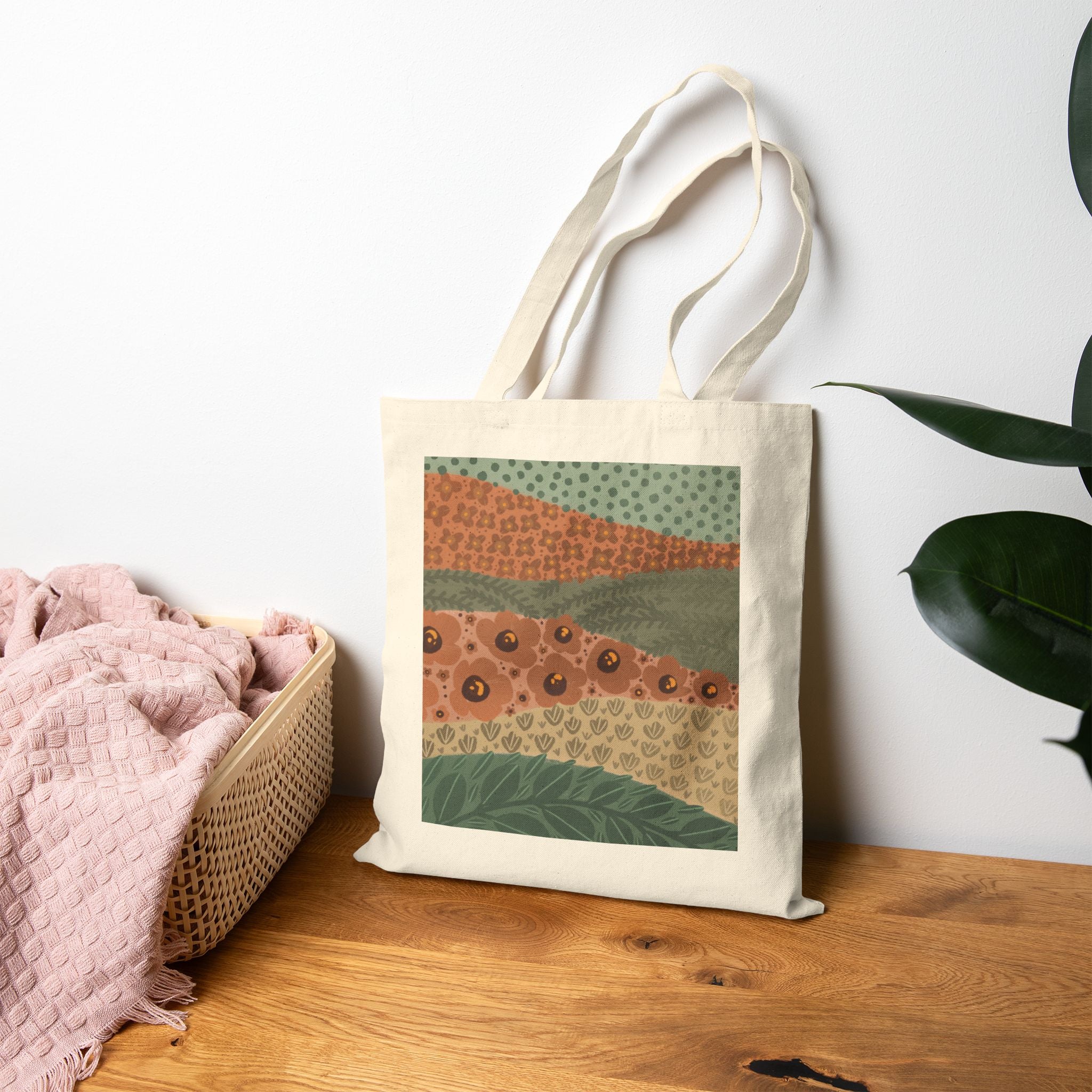 Abstract Earth Tones Tote Bag — Botanical Pattern Cotton Canvas Tote