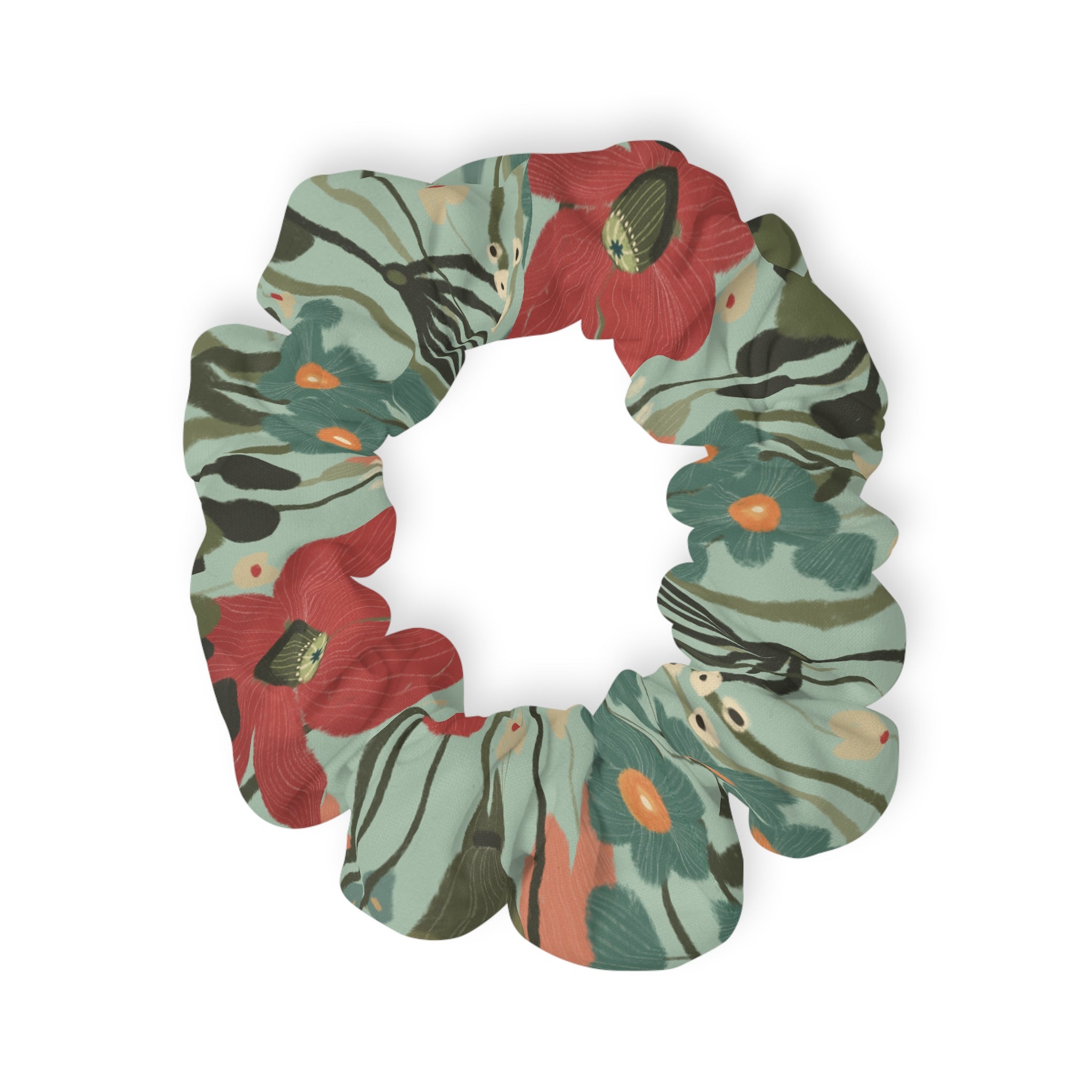 Floral Vintage Green Scrunchie — Retro Poppy Hair Accessory