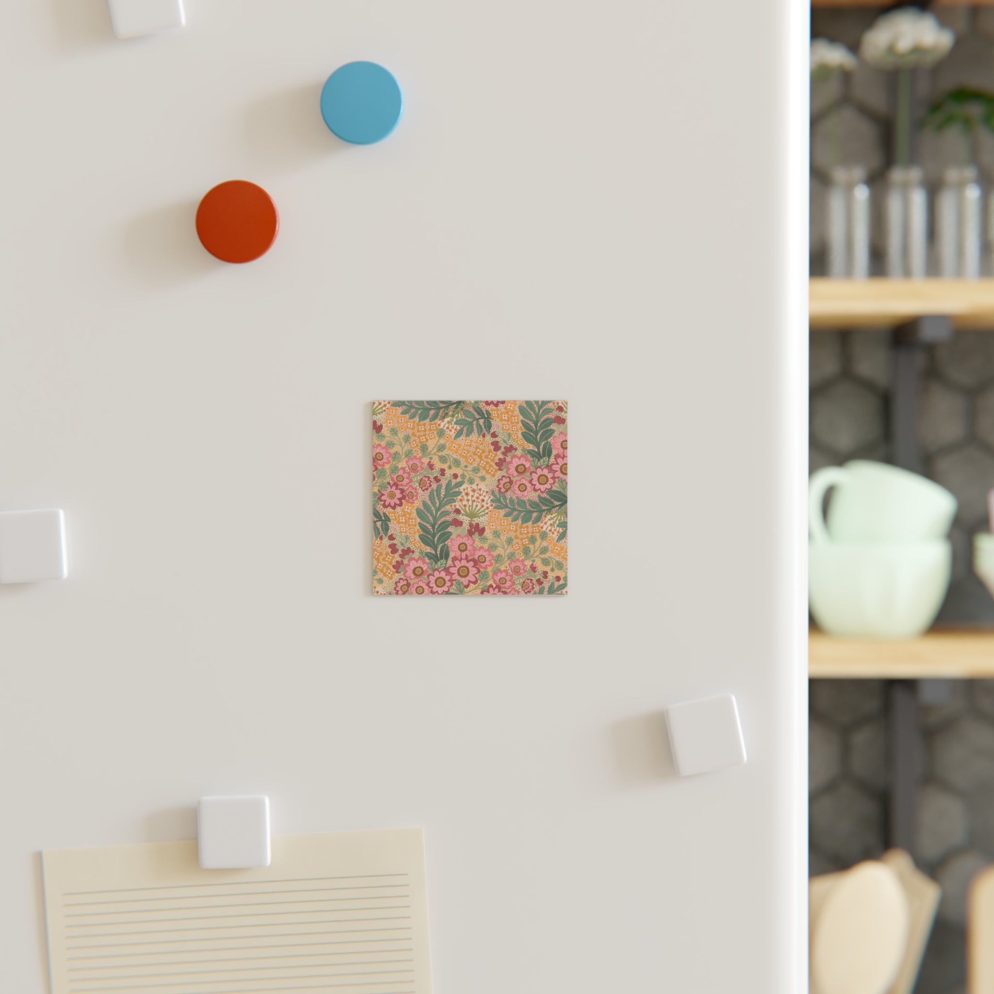 Vintage Floral Square Magnet — Retro Pink & Mustard Botanical Refrigerator Magnet