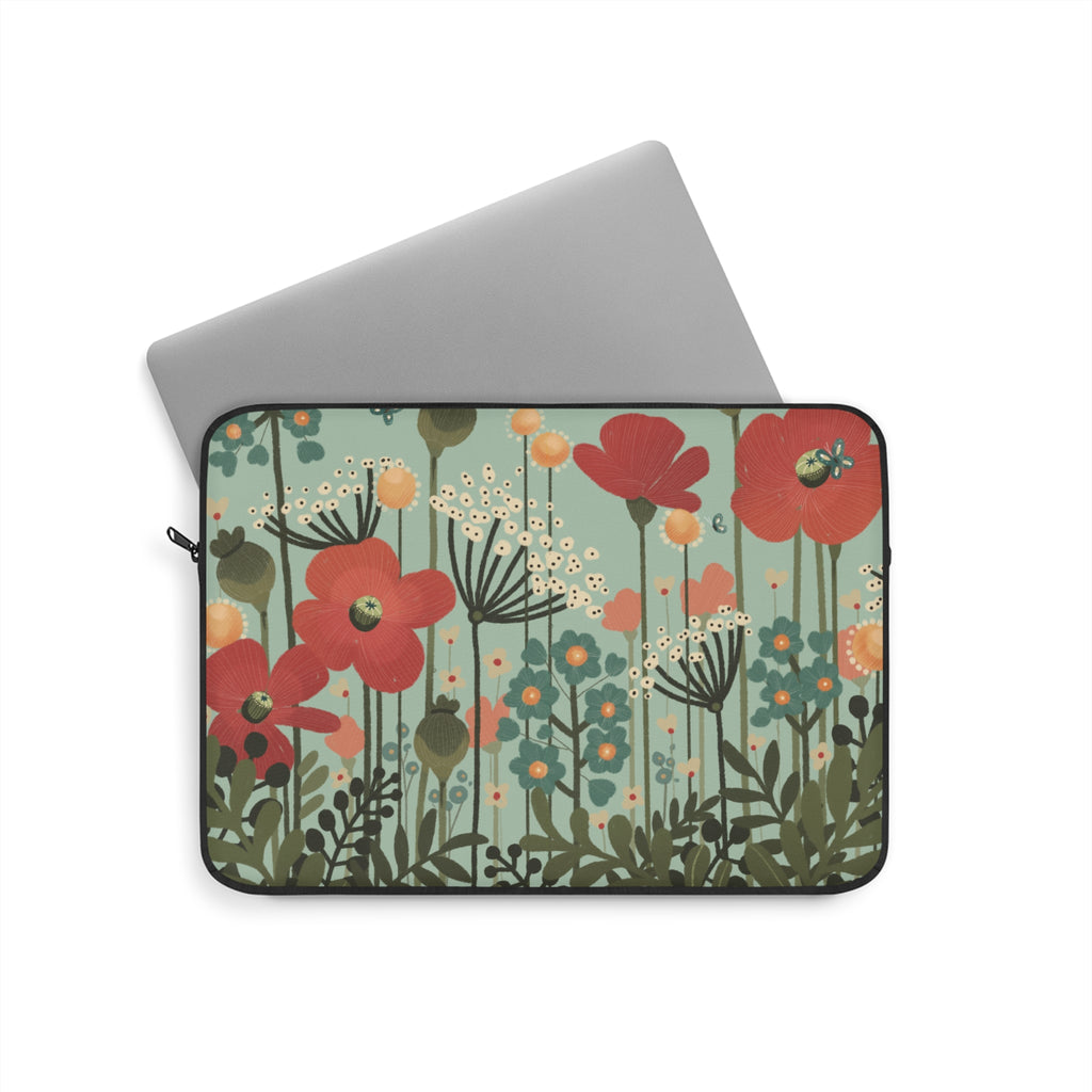 Botanical Poppy Laptop Sleeve — Retro Floral Laptop Case