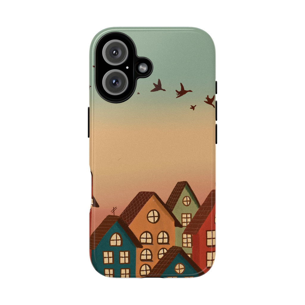 Cozy Village Sunset Phone Case — Houses & Flying Birds Protective iPhone Cover