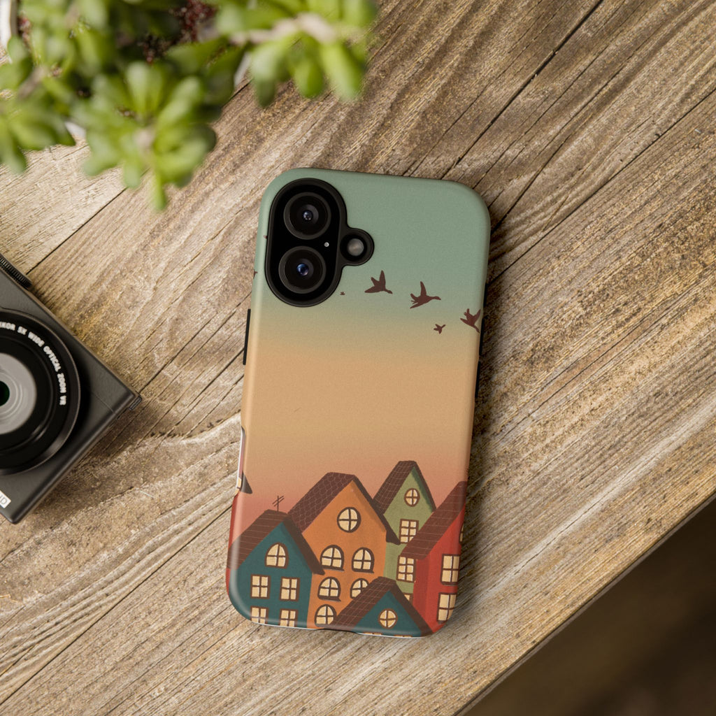 Cozy Village Sunset Phone Case — Houses & Flying Birds Protective iPhone Cover