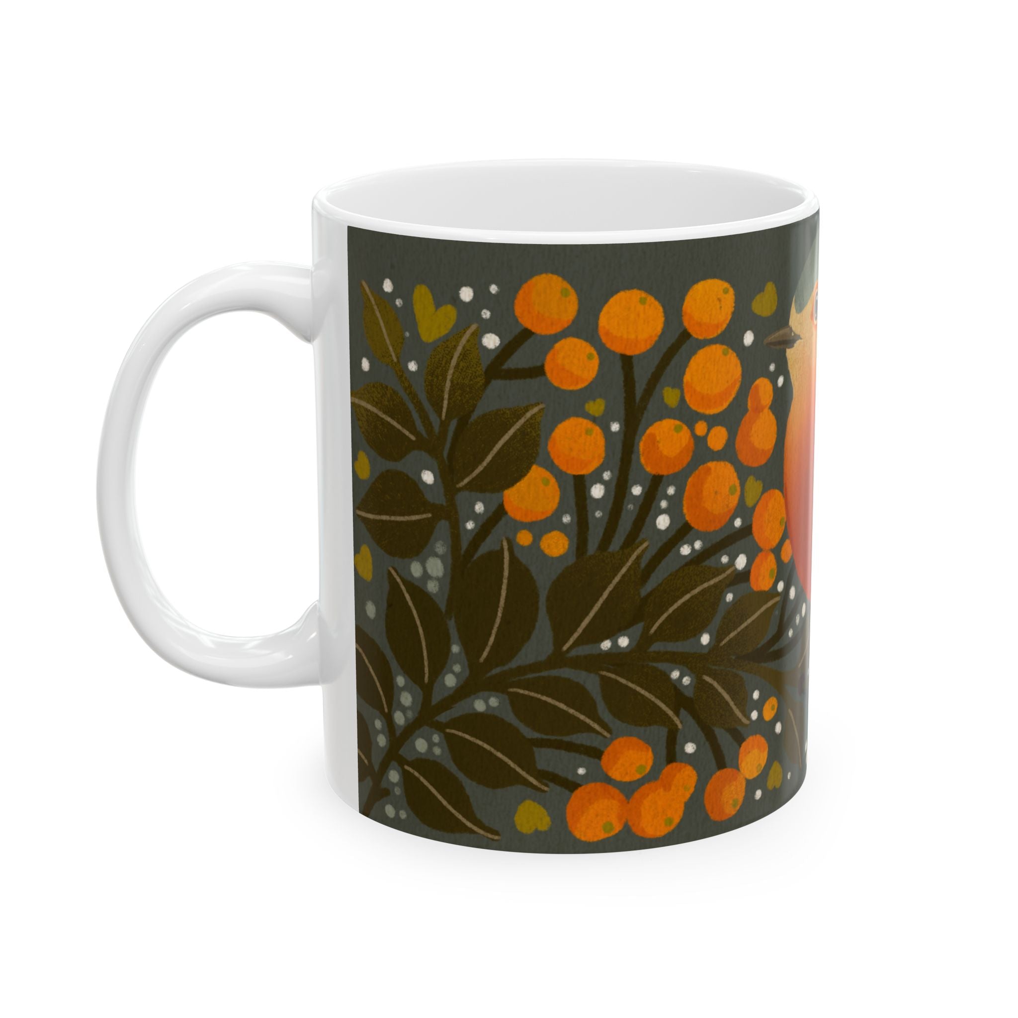 Robin Bird Mug — Floral Orange Songbird Ceramic Coffee Cup (11oz/15oz)