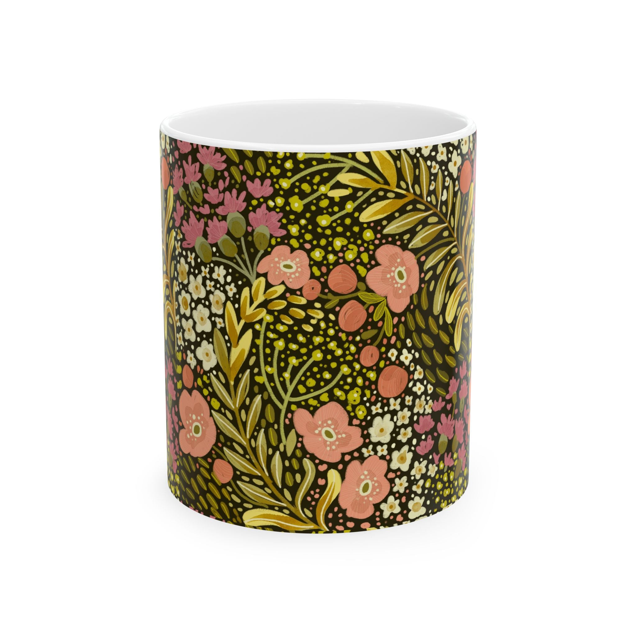Vintage Floral Pattern Mug | Pink and Olive Botanical Ceramic