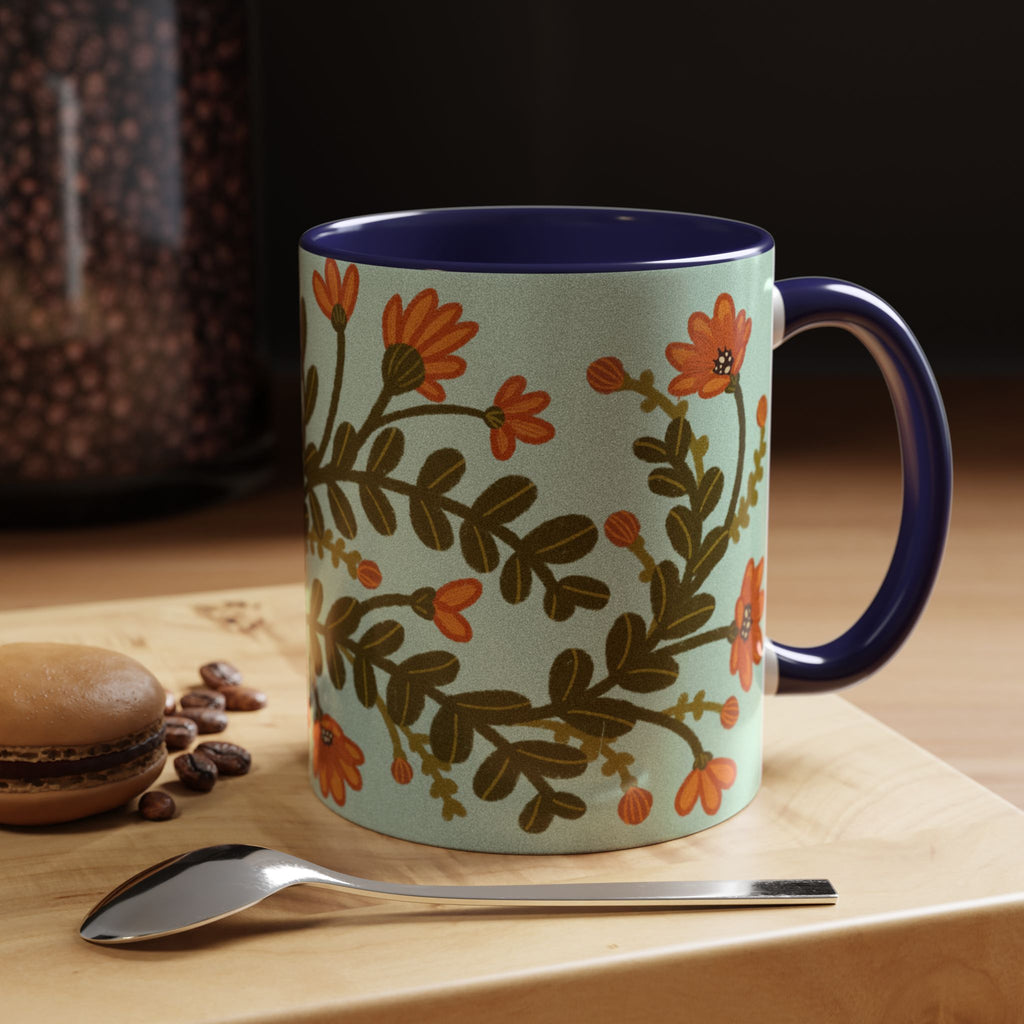 Floral Vine Accent Coffee Mug – Orange Wildflowers on Mint (11/15oz)