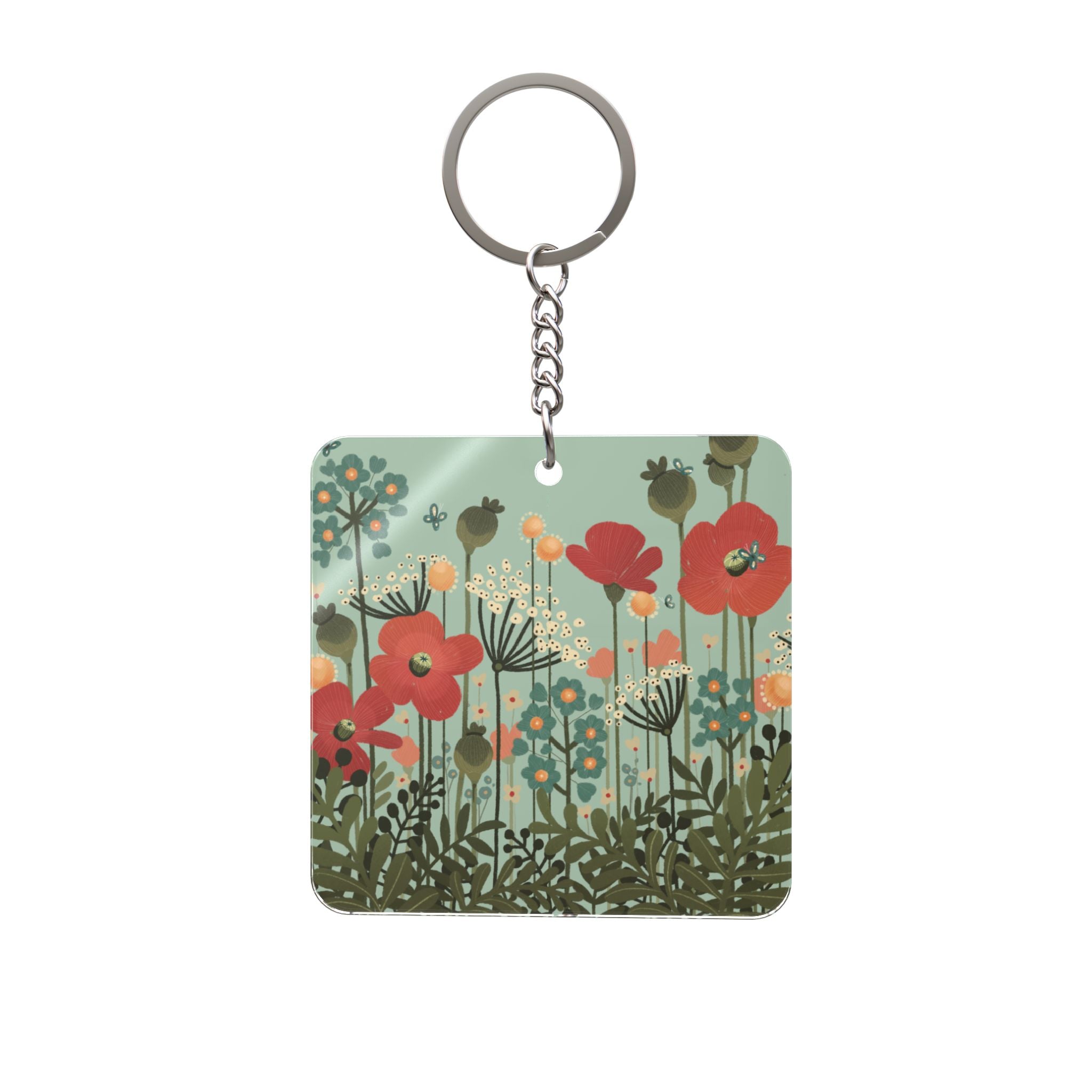 Floral Poppy Field Square Keychain — Vintage Meadow Garden Accessory