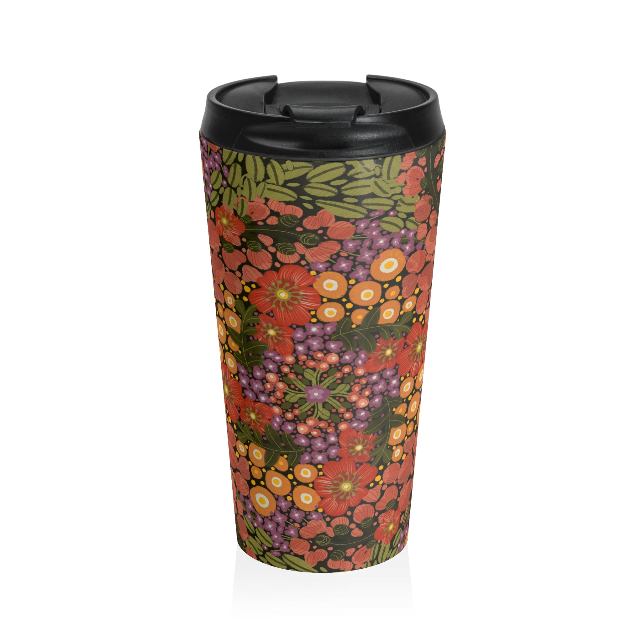 Vintage Floral Pattern Travel Mug | Retro Orange Red Flowers