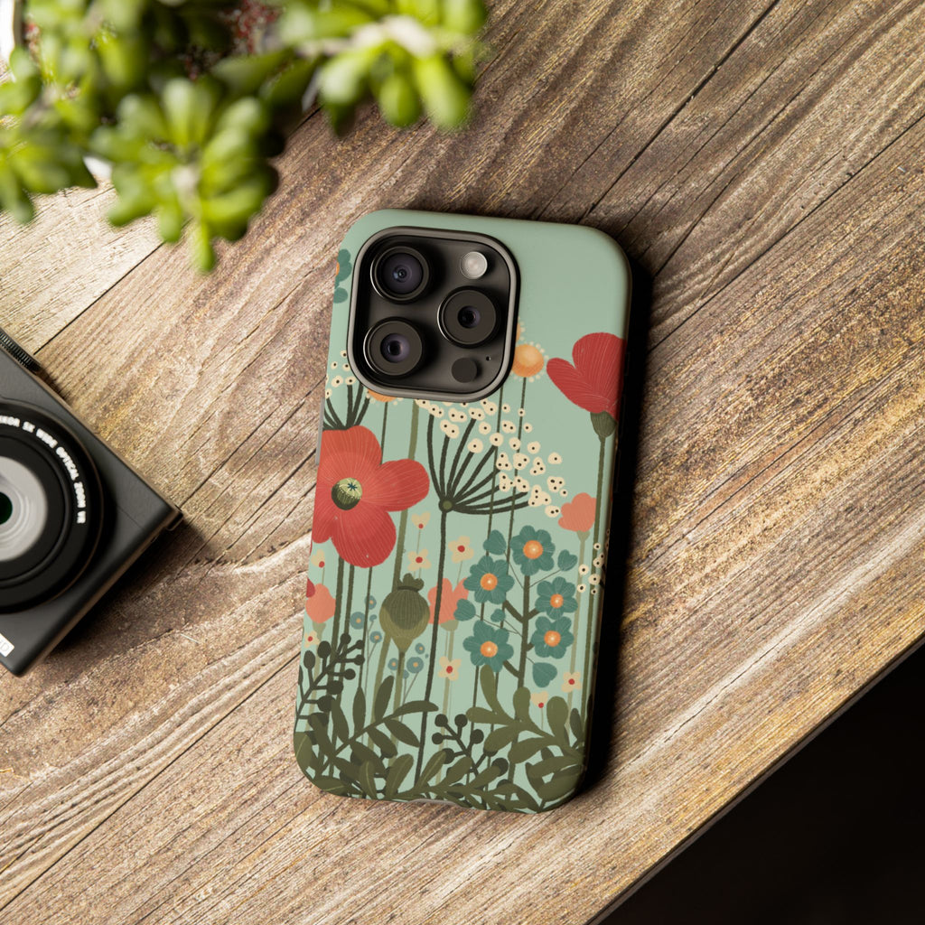 Floral Wildflower Tough Phone Case — Retro Poppy Garden Protective Cover