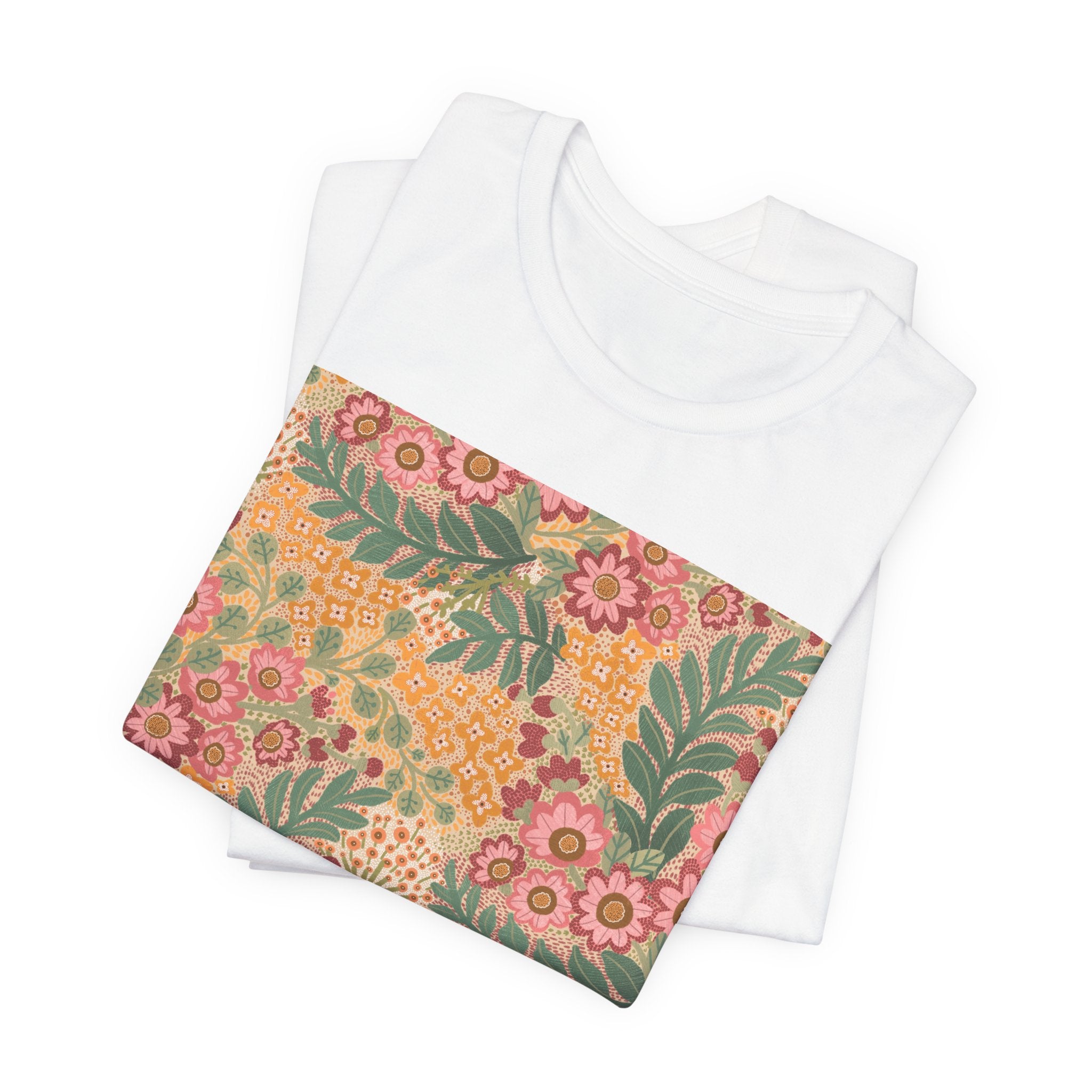 Retro Floral Square Tee — Vintage Pink & Mustard Botanical Shirt